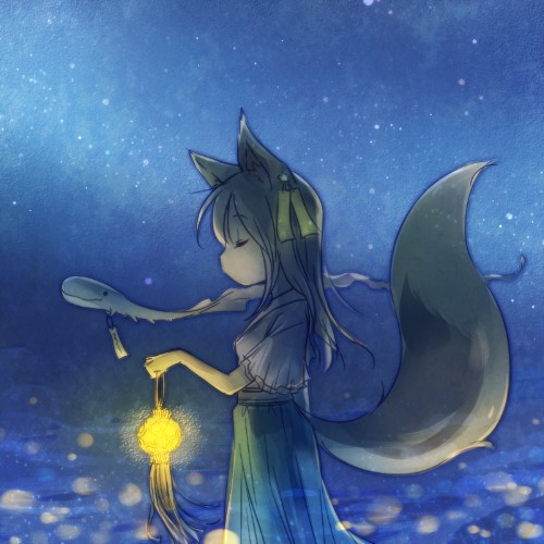 1girl animal_ear_fluff animal_ears blue_skirt brown_hair closed_eyes commentary_request creature dated_commentary feet_out_of_frame fox_ears fox_girl fox_tail from_side hair_ornament hand_up holding holding_lantern lantern long_skirt lowres night no_mouth original outdoors rakuni short_sleeves skirt sky solo star_(sky) starry_sky tail tanabata tanzaku wide_sleeves