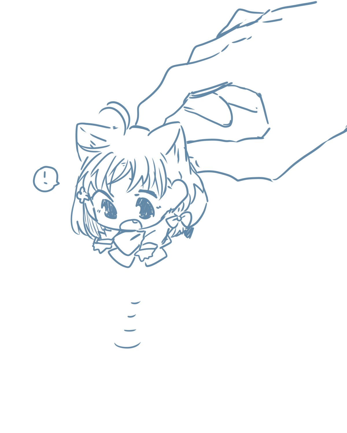 ! 1girl ahoge animal_ear_fluff animal_ears bow bowtie braid carrying carrying_person cat_ears cat_girl chibi clover_hair_ornament commentary_request hair_bow hair_ornament highres kashikaze kemonomimi_mode lineart love_live! love_live!_sunshine!! medium_hair mini_person monochrome side_braid simple_background solo_focus spoken_exclamation_mark takami_chika