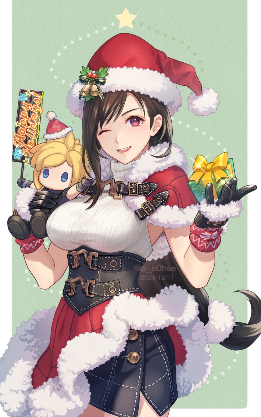 1girl black_gloves cloud_strife cowboy_shot final_fantasy gloves hat highres holding holding_stuffed_toy looking_at_viewer ohse red_eyes santa_costume santa_hat smile solo stuffed_toy tifa_lockhart toy
