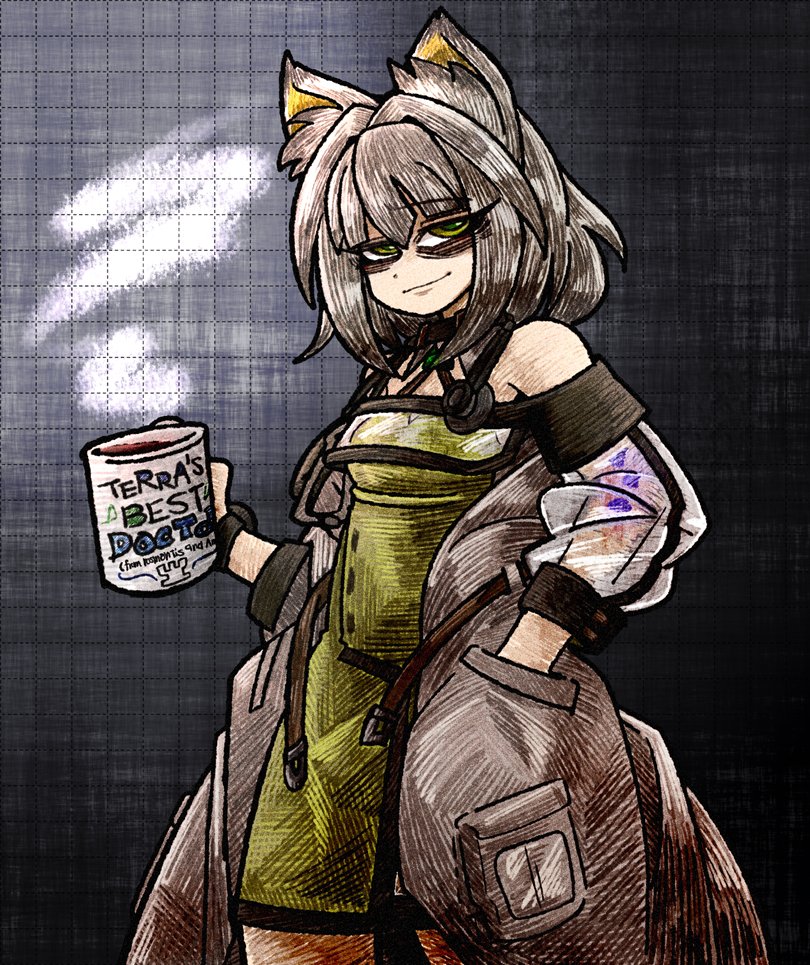 1girl animal_ear_fluff animal_ears arknights bags_under_eyes bare_shoulders breasts cat_ears closed_mouth coat commentary commission cowboy_shot cup dress english_commentary green_dress green_eyes grey_background grey_coat grey_hair hair_intakes hand_in_pocket holding holding_cup kal'tsit_(arknights) long_sleeves looking_at_viewer medium_bangs medium_hair mug off_shoulder open_clothes open_coat see-through see-through_sleeves skeb_commission small_breasts smile solo suenari_(peace)