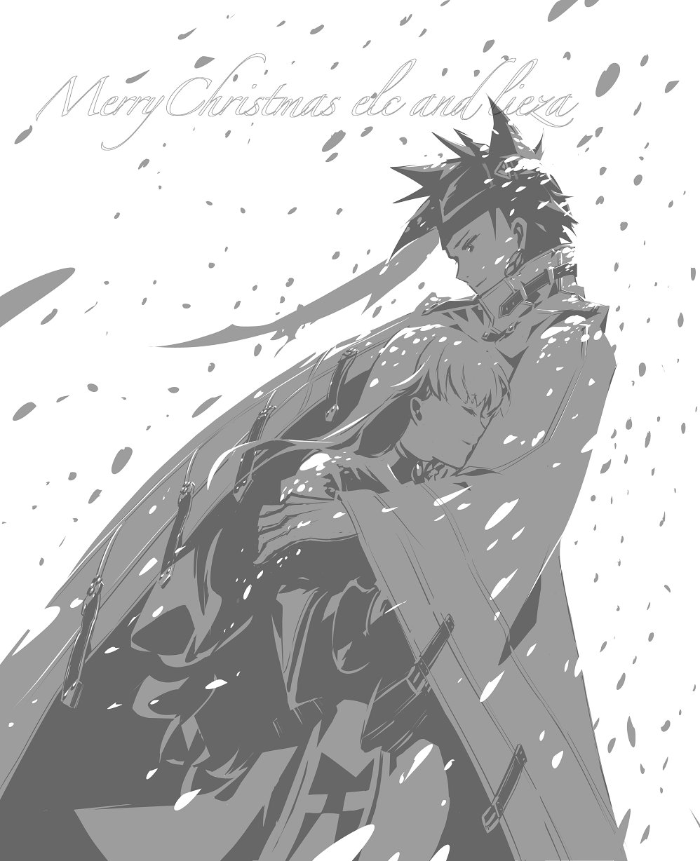 1boy 1girl arc_the_lad arc_the_lad_ii closed_mouth cofffee elc_(arc_the_lad) gloves greyscale headband highres lieza_(arc_the_lad) long_hair merry_christmas monochrome protected_link spiky_hair white_background
