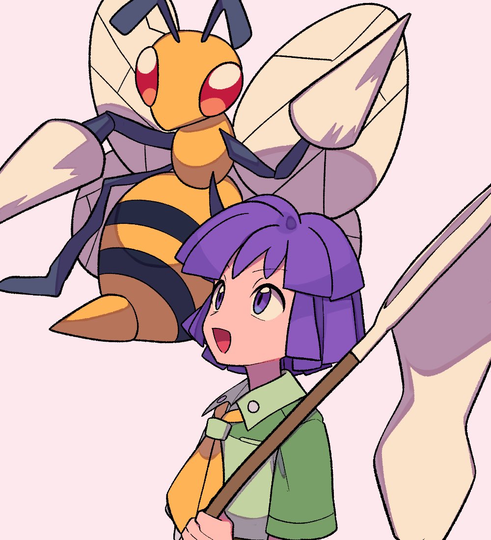 1boy :d beedrill bugsy_(pokemon) butterfly_net collared_shirt commentary_request green_shirt grey_background hand_net holding holding_butterfly_net looking_up male_focus neckerchief open_mouth pokemon pokemon_(creature) pokemon_hgss purple_hair shirt short_hair short_sleeves smile tyako_089 violet_eyes yellow_neckerchief