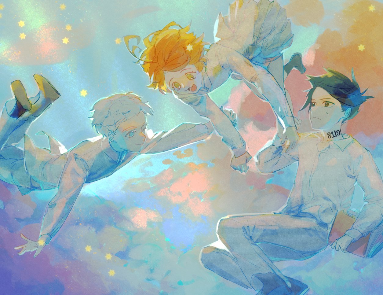 1girl 2boys antenna_hair black_footwear black_hair blue_eyes blue_sky book boots chinese_commentary closed_mouth clouds collared_shirt colored_eyelashes commentary_request emma_(yakusoku_no_neverland) falling frown full_body green_eyes hinnoe0727 holding holding_book holding_hands legs_up long_sleeves looking_at_another lower_teeth_only midriff_peek miniskirt multiple_boys neck_tattoo norman_(yakusoku_no_neverland) number_tattoo open_mouth orange_hair outstretched_arm pants pleated_skirt ray_(yakusoku_no_neverland) shirt short_hair skirt sky smile spiky_hair star_(symbol) sweatdrop tattoo teeth thigh-highs very_short_hair white_hair white_pants white_shirt white_skirt white_sleeves white_thighhighs yakusoku_no_neverland