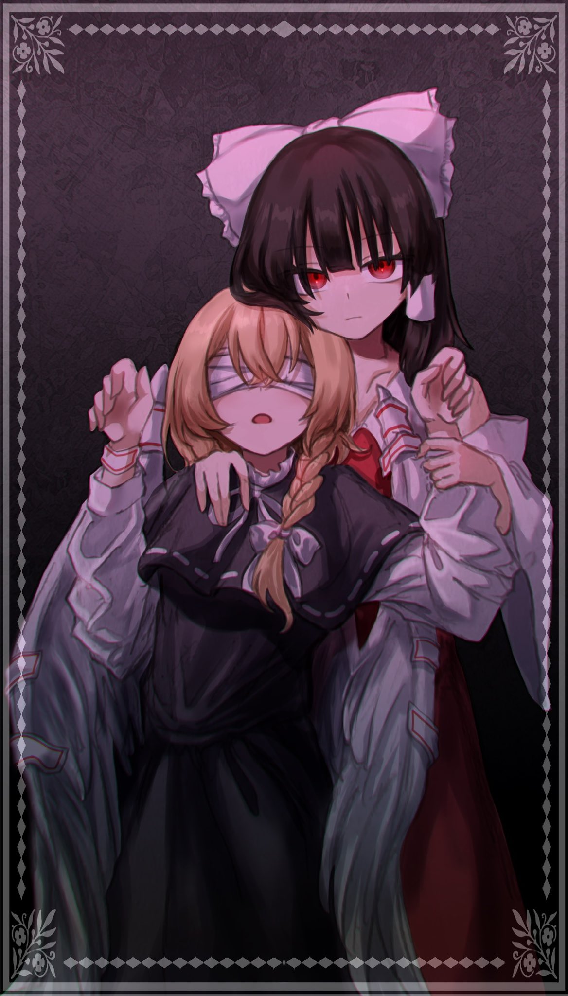 2girls alternate_costume black_dress blindfold blonde_hair bow braid brown_hair closed_mouth commentary dress expressionless feathered_wings frilled_bow frills hair_bow hair_tubes hakurei_reimu hand_on_another's_shoulder highres holding_another's_wrist karasu2023_2 kirisame_marisa long_hair long_sleeves looking_at_viewer multiple_girls neck_ribbon ofuda picture_frame red_eyes ribbon side_braid single_braid touhou white_bow white_ribbon white_wings wings