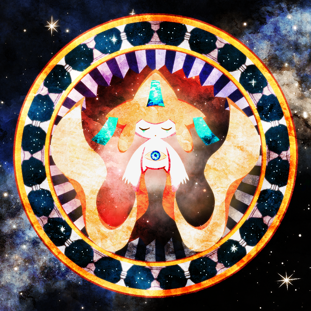 1other arms_at_sides blue_eyes closed_eyes colored_sclera colored_skin commentary_request floating free_butterfree full_body galaxy jirachi looking_at_viewer open_mouth other_focus pokemon pokemon_(creature) solo space star_(sky) straight-on third_eye u_u white_skin yellow_sclera