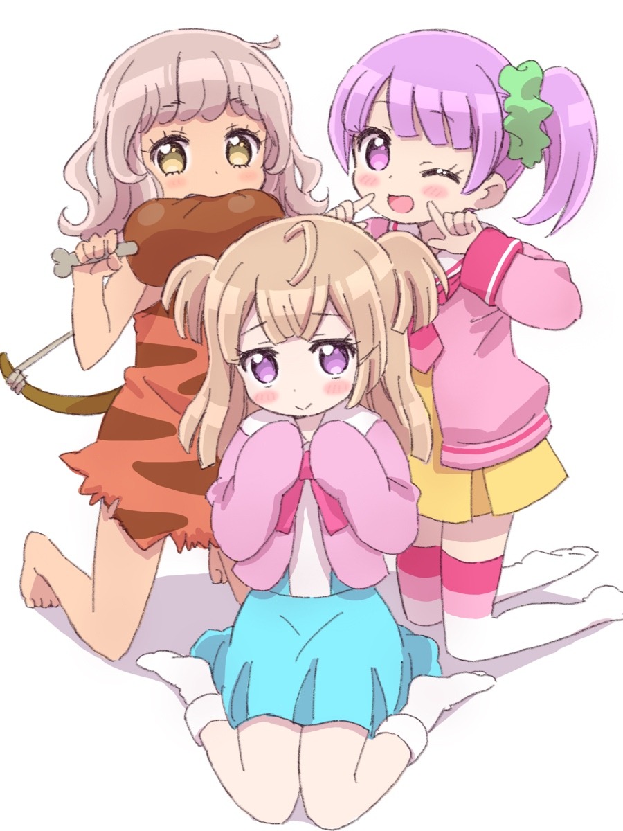 3girls ahoge animal_print blonde_hair blue_skirt blunt_bangs blunt_ends blush boned_meat bow bow_(weapon) brown_hair cardigan collared_shirt commentary_request dress eating fingers_to_cheeks food full_body green_scrunchie hair_ornament hair_scrunchie hands_up highres holding holding_food ikzw jacket kneeling long_hair long_sleeves looking_at_viewer manaka_non meat multiple_girls neckerchief no_shoes one_eye_closed open_mouth paprika_private_academy_school_uniform pink_bow pink_cardigan pink_jacket pink_neckerchief pleated_skirt pretty_series pripara purple_hair sailor_collar school_uniform scrunchie shirt short_dress short_hair side_ponytail simple_background sitting skirt sleeves_past_fingers sleeves_past_wrists smile socks taiyo_pepper tiger_print tsukikawa_chili two_side_up violet_eyes wariza weapon white_background white_sailor_collar white_shirt white_socks yellow_dress yellow_eyes