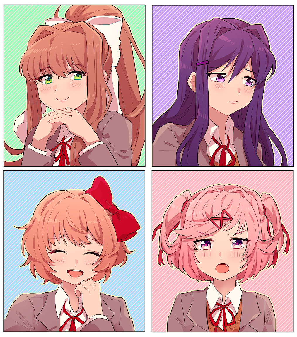 4girls :d ^_^ averting_eyes blue_background blush border bow brown_hair brown_vest chiimako closed_eyes closed_mouth collared_shirt commentary_request diagonal_stripes doki_doki_literature_club dress_shirt eyelashes fang green_background green_eyes grey_jacket hair_between_eyes hair_bow hair_intakes hair_ornament hair_ribbon hairclip hand_up hands_up high_ponytail interlocked_fingers jacket lapels long_hair long_sleeves looking_at_viewer monika_(doki_doki_literature_club) multiple_girls natsuki_(doki_doki_literature_club) neck_ribbon open_mouth own_hands_together pink_background pink_eyes pink_hair ponytail purple_background purple_hair raised_eyebrows red_bow red_ribbon ribbon sayori_(doki_doki_literature_club) school_uniform shirt short_hair sidelocks sideways_glance simple_background smile striped striped_background sweater_vest swept_bangs teeth two_side_up upper_body upper_teeth_only v-shaped_eyebrows vest violet_eyes white_border white_bow white_shirt wing_collar x_hair_ornament yuri_(doki_doki_literature_club)