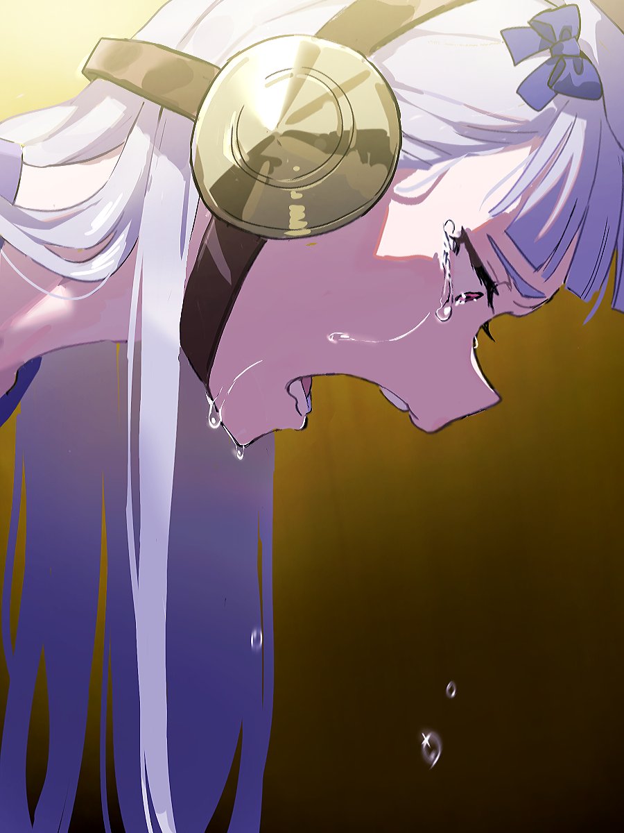 1girl animal_ears blunt_bangs brown_headwear crying crying_with_eyes_open dress ear_covers ear_ornament ear_ribbon gold_ship_(umamusume) grey_hair hair_ornament highres horse_ears horse_girl horse_tail koppe_koppe long_hair open_mouth sad simple_background solo streaming_tears tail tears umamusume violet_eyes