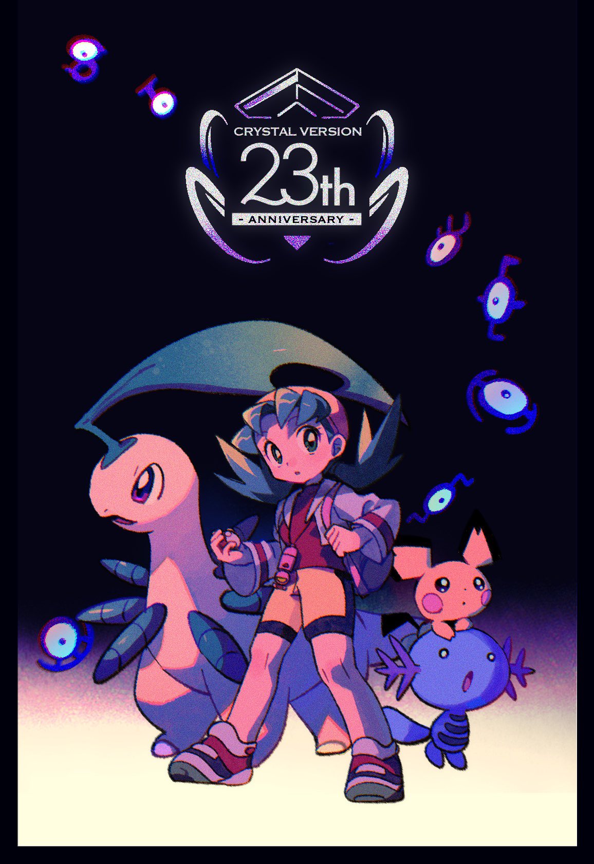 1girl anniversary bayleef bike_shorts black_background blue_eyes blue_hair commentary_request english_text hat highres holding holding_poke_ball jacket kris_(pokemon) ok_ko19 open_mouth pichu poke_ball poke_ball_(basic) pokegear pokemon pokemon_(creature) pokemon_gsc shirt shorts simple_background twintails unown unown_e unown_t violet_eyes wooper yellow_headwear