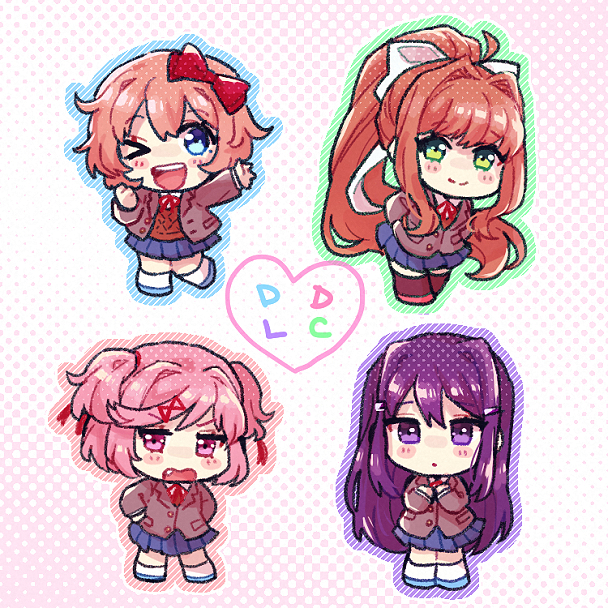 &gt;_o 4girls :o ;d arm_up arms_behind_back black_thighhighs blue_outline blue_skirt blush bow brown_hair brown_sweater_vest chibi chiimako closed_mouth collared_shirt commentary_request doki_doki_literature_club dress_shirt fang green_eyes green_outline grey_jacket hair_between_eyes hair_bow hair_intakes hair_ornament hair_ribbon halftone halftone_background hand_up hands_on_own_hips hands_up heart high_ponytail jacket lapels leaning_forward leg_up long_hair long_sleeves looking_at_viewer monika_(doki_doki_literature_club) multiple_girls natsuki_(doki_doki_literature_club) neck_ribbon one_eye_closed open_clothes open_jacket open_mouth outline pink_background pink_eyes pink_hair pink_outline pleated_skirt ponytail purple_hair purple_outline red_bow red_ribbon ribbon sayori_(doki_doki_literature_club) school_uniform shirt short_hair sidelocks simple_background skirt smile socks split_mouth sweater_vest swept_bangs teeth thigh-highs two_side_up upper_teeth_only v-shaped_eyebrows very_long_hair violet_eyes white_background white_bow white_shirt white_socks x_hair_ornament yuri_(doki_doki_literature_club)