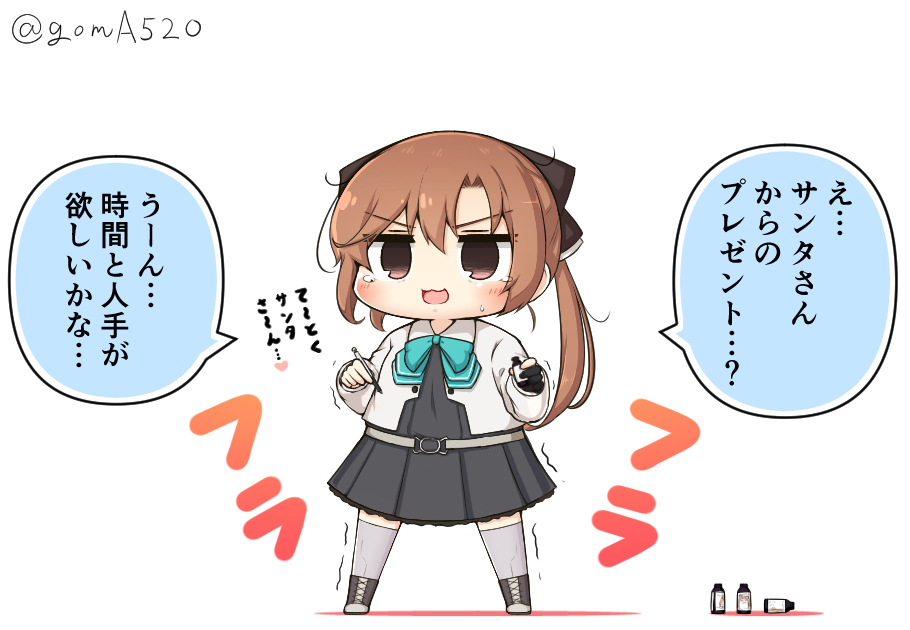 1girl :3 akigumo_(kancolle) akigumo_kai_ni_(kancolle) artist_glove black_dress blazer bottle brown_eyes brown_hair chibi commentary_request dress energy_drink flying_sweatdrops full_body goma_(yoku_yatta_hou_jane) grey_thighhighs holding holding_stylus jacket kantai_collection long_hair open_mouth pleated_dress ponytail simple_background smile solo standing stylus thigh-highs translation_request twitter_username wavy_mouth white_background white_jacket