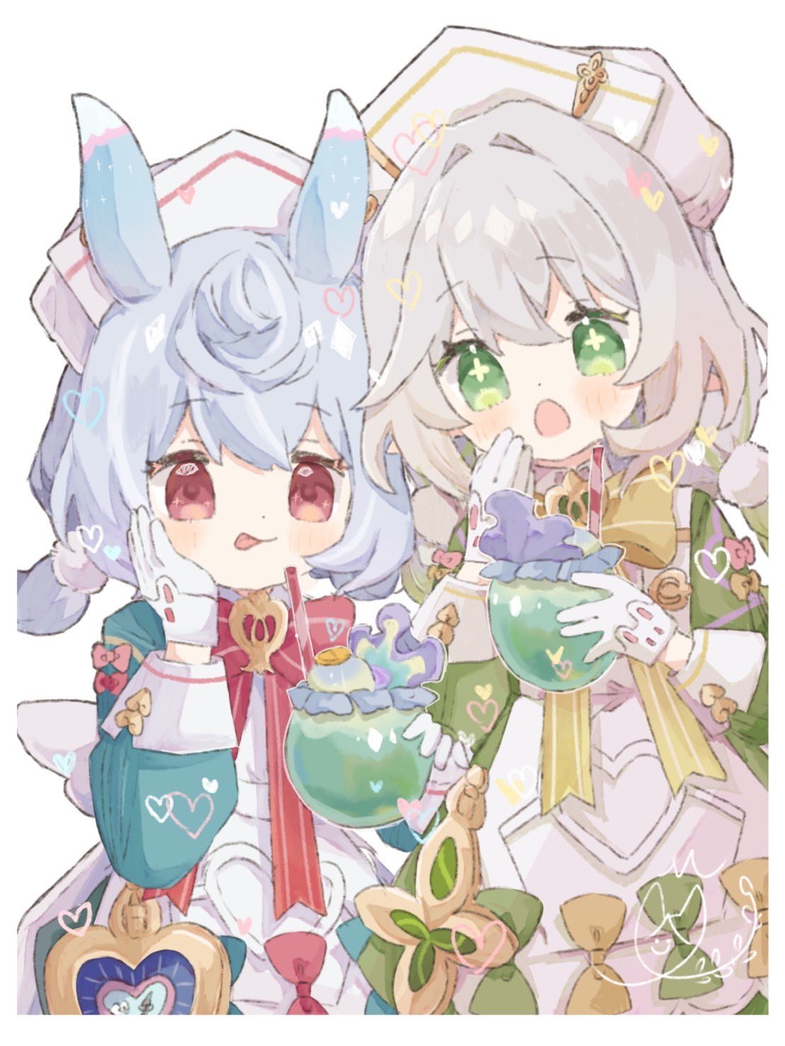 2girls :o :p animal_ears apron aqua_bow aqua_dress blue_hair blush border bow bowtie brooch closed_mouth commentary_request cosplay cup dress drink drinking_straw eyelashes genshin_impact gloves green_bow green_dress green_eyes green_hair grey_hair hair_between_eyes hair_intakes hair_ornament hand_on_own_cheek hand_on_own_face hand_up hat heart highres holding holding_cup holding_drink jewelry long_hair long_sleeves looking_at_viewer low_twintails medium_hair mugi062 multicolored_hair multiple_girls nahida_(genshin_impact) nurse_cap open_mouth pink_bow pom_pom_(clothes) pom_pom_hair_ornament puffy_long_sleeves puffy_sleeves red_bow red_bowtie red_eyes sidelocks sigewinne_(genshin_impact) sigewinne_(genshin_impact)_(cosplay) simple_background sleeve_cuffs smile tongue tongue_out twintails white_apron white_background white_border white_gloves white_headwear yellow_bow yellow_bowtie