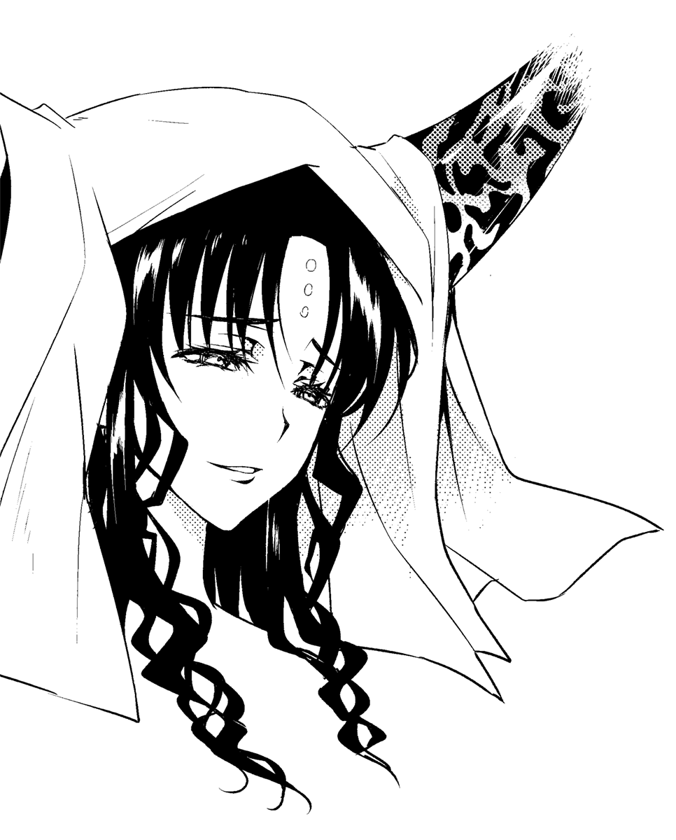 1girl cropped_head fate/extra fate/extra_ccc fate/grand_order fate_(series) forehead_tattoo greyscale grin half-closed_eyes higa_yukari highres horns long_hair looking_afar looking_down monochrome parted_bangs parted_lips sessyoin_kiara simple_background smile solo veil white_background