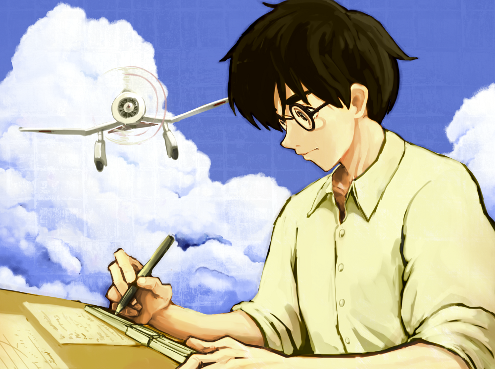 1boy aircraft airplane bigu0908 black-framed_eyewear black_hair blue_sky buttons closed_mouth clouds collared_shirt commentary_request concentrating dress_shirt expressionless glasses grid holding holding_pencil horikoshi_jirou kaze_tachinu looking_down male_focus open_collar paper pencil round_eyewear ruler shirt short_hair sky sleeves_rolled_up solo upper_body writing yellow_shirt