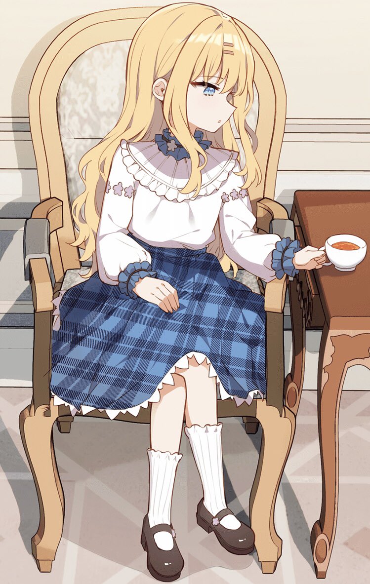 1girl black_footwear blonde_hair blue_eyes blue_skirt chair character_request commentary cup english_commentary holding holding_cup kneehighs long_hair on_chair parted_bangs please_bully_me_miss_villainess! sitting skirt slippers socks solo table tagme tea teacup