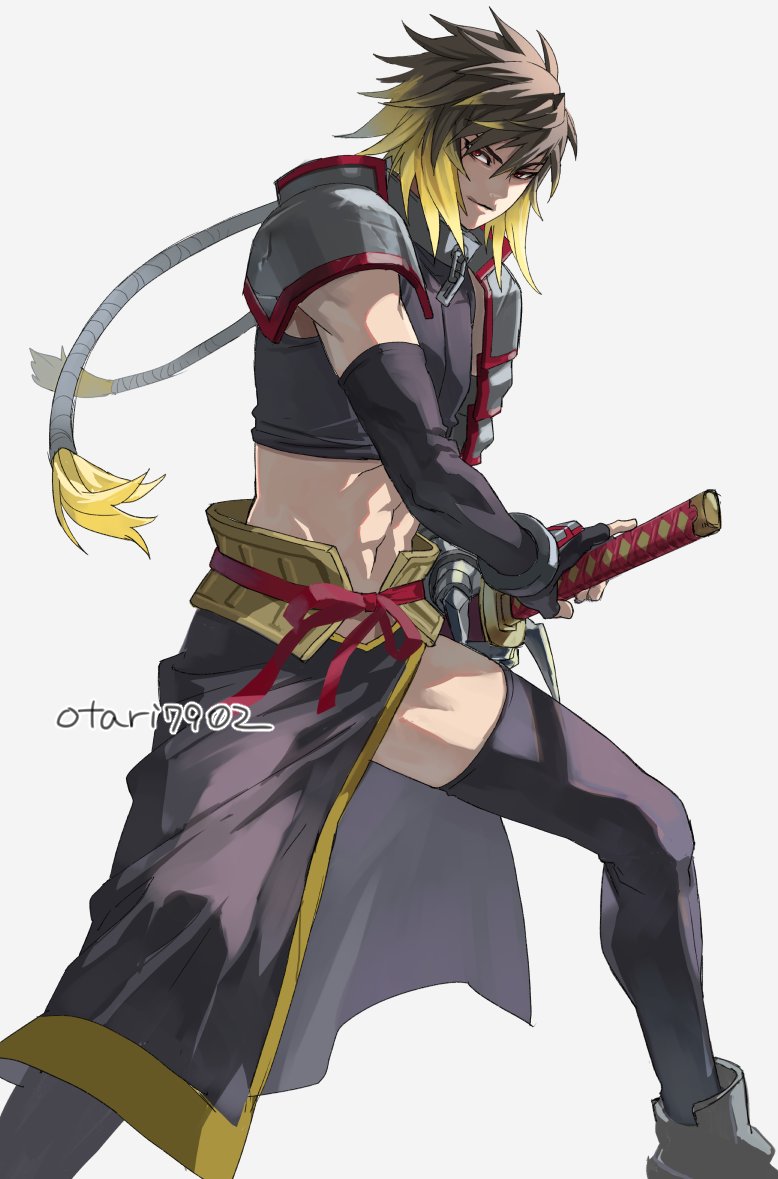 1boy abs albel_nox armor blonde_hair brown_hair closed_mouth crop_top gloves holding holding_sword holding_weapon indesign looking_at_viewer male_focus midriff multicolored_hair muscular muscular_male red_eyes shoulder_armor simple_background smile solo star_ocean star_ocean_till_the_end_of_time sword thigh-highs weapon white_background