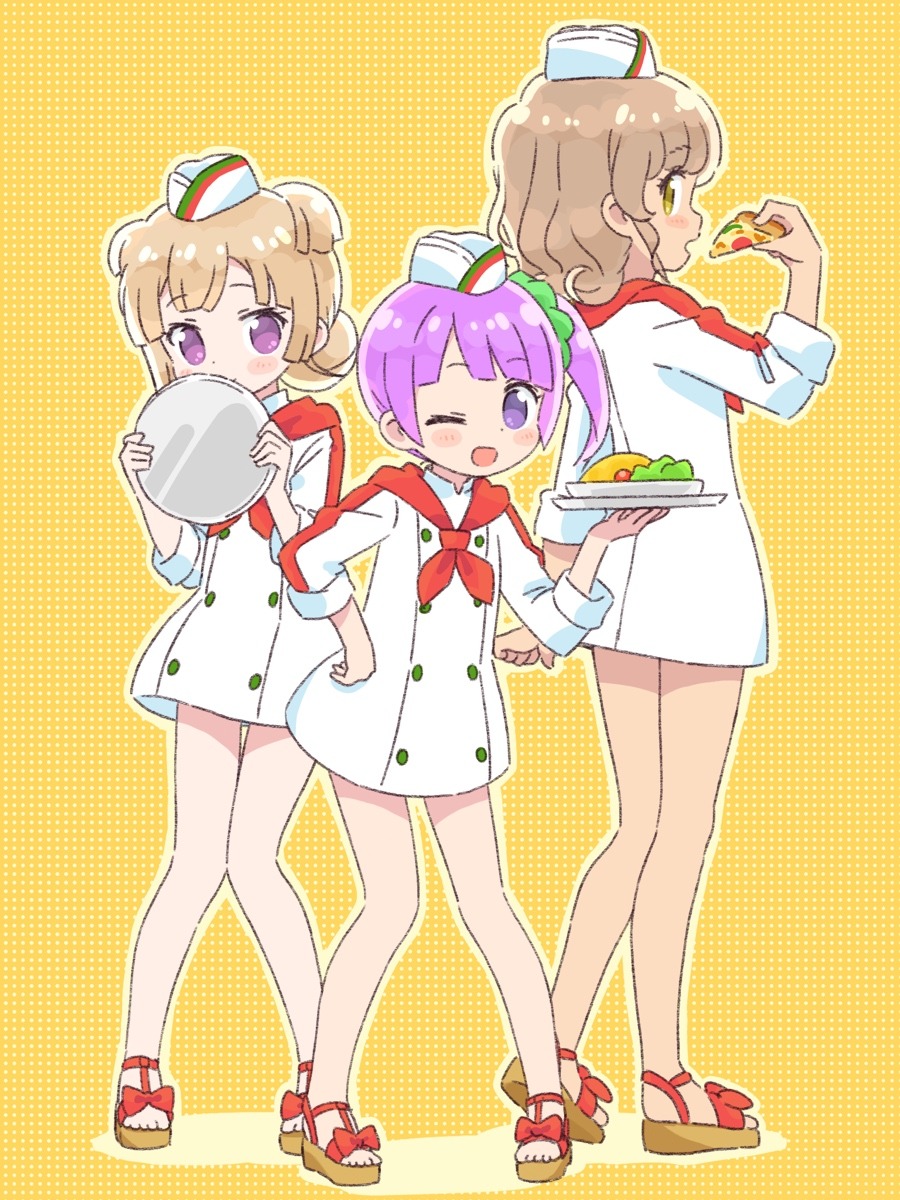 3girls ;d blonde_hair blunt_bangs blush bow brown_eyes brown_hair chef chef_hat commentary_request dress food full_body green_scrunchie hair_bun hair_ornament hair_scrunchie hand_on_own_hip hand_up hands_up hat highres holding holding_food holding_pizza holding_tray ikzw looking_at_viewer looking_back manaka_non multiple_girls neckerchief one_eye_closed open_mouth outline pizza pizza_slice plate pretty_series pripara purple_hair red_bow red_neckerchief sandals scrunchie short_hair shy side_ponytail single_hair_bun smile standing taiyo_pepper tray tsukikawa_chili two_side_up violet_eyes white_dress white_headwear yellow_background