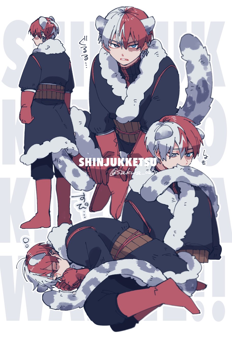 1boy 7th_popularity_poll_(boku_no_hero_academia) animal_ears black_coat black_pants boku_no_hero_academia boots closed_eyes coat commentary_request fur-trimmed_coat fur_trim gloves grey_hair highres kemonomimi_mode leopard_boy leopard_ears leopard_tail looking_at_viewer lying male_focus multicolored_hair multiple_views on_side pants red_footwear red_gloves redhead sakura_0270 short_hair simple_background sleeping split-color_hair standing tail todoroki_shouto translation_request twitter_username white_background winter_clothes