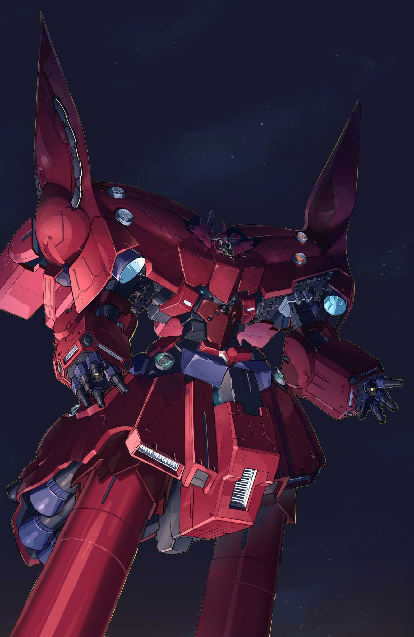 beam_cannon clouds commentary_request eye_trail finger_cannon flying glowing glowing_eyes green_eyes gundam gundam_unicorn highres light_trail machinery mecha mobile_armor neo_zeong night no_humans one-eyed outdoors robot sa/tsu/ki science_fiction sinanju star_(sky) thrusters