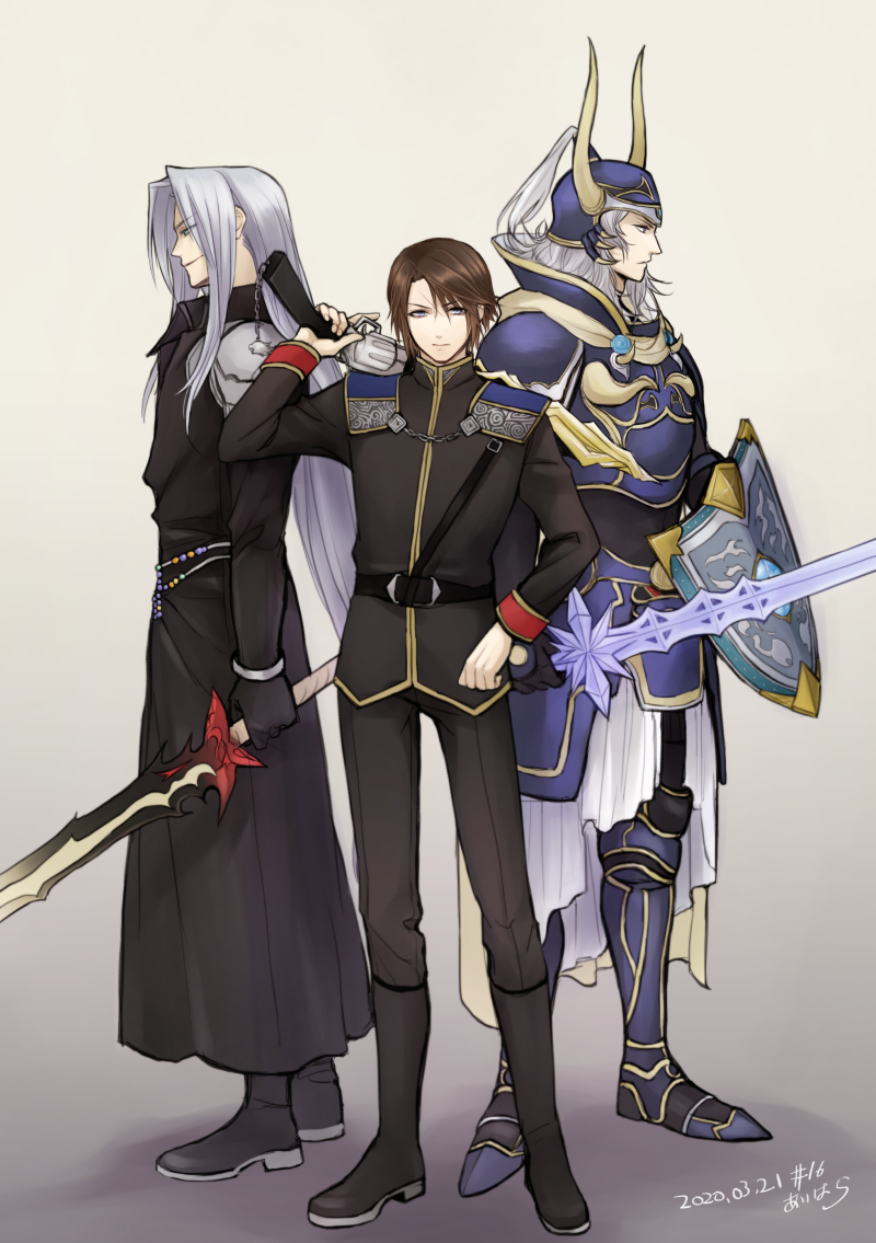 3boys arm_up armor armored_boots beads belt black_belt black_coat black_footwear black_gloves black_jacket black_pants blue_armor blue_eyes boots breastplate brown_hair cape chain coat dated dissidia_final_fantasy evil_smile expressionless facing_to_the_side facing_viewer fake_horns final_fantasy final_fantasy_i final_fantasy_vii final_fantasy_viii full_armor full_body gloves grey_background grey_hair gunblade hand_on_own_hip helmet high_collar hiryuu_(kana_h) holding holding_shield holding_sword holding_weapon horns jacket long_coat long_hair long_sleeves looking_to_the_side male_focus military_uniform multiple_boys over_shoulder pants parted_bangs pauldrons scar scar_on_face seed_uniform_(ff8) sephiroth serious shield short_hair shoulder_armor shoulder_strap signature simple_background skirt smile squall_leonhart standing sword uniform warrior_of_light_(ff14) weapon weapon_over_shoulder white_skirt wrist_cuffs yellow_cape