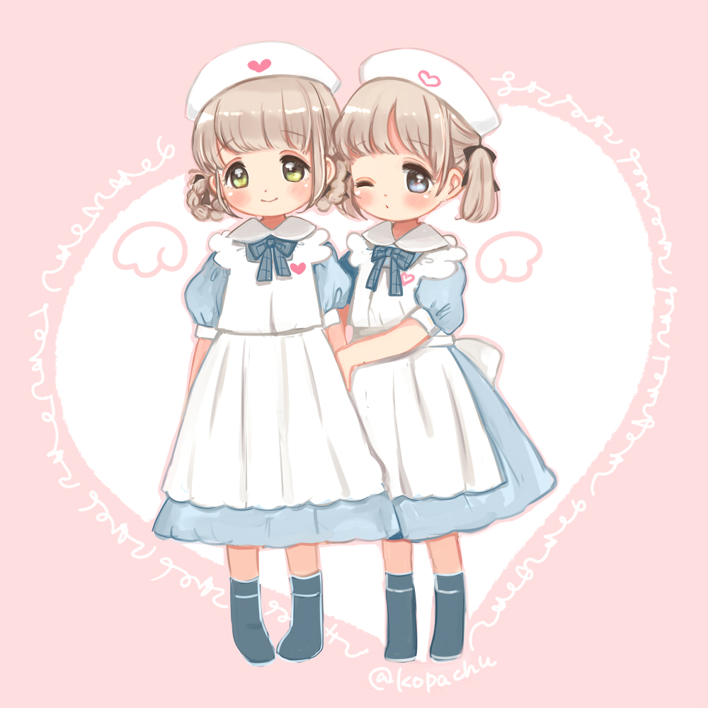 2girls apron arm_hug artist_name black_footwear black_ribbon blue_bow blue_bowtie blue_dress blue_eyes blush boots bow bowtie braid braided_hair_rings brown_hair closed_mouth collared_dress commentary_request drawn_wings dress green_eyes hair_ribbon hat heart kohane_(copinc) looking_at_viewer multiple_girls nurse nurse_cap one_eye_closed original pink_background puffy_short_sleeves puffy_sleeves ribbon short_sleeves sidelocks simple_background smile tareme twintails twitter_username white_apron white_background white_headwear wings