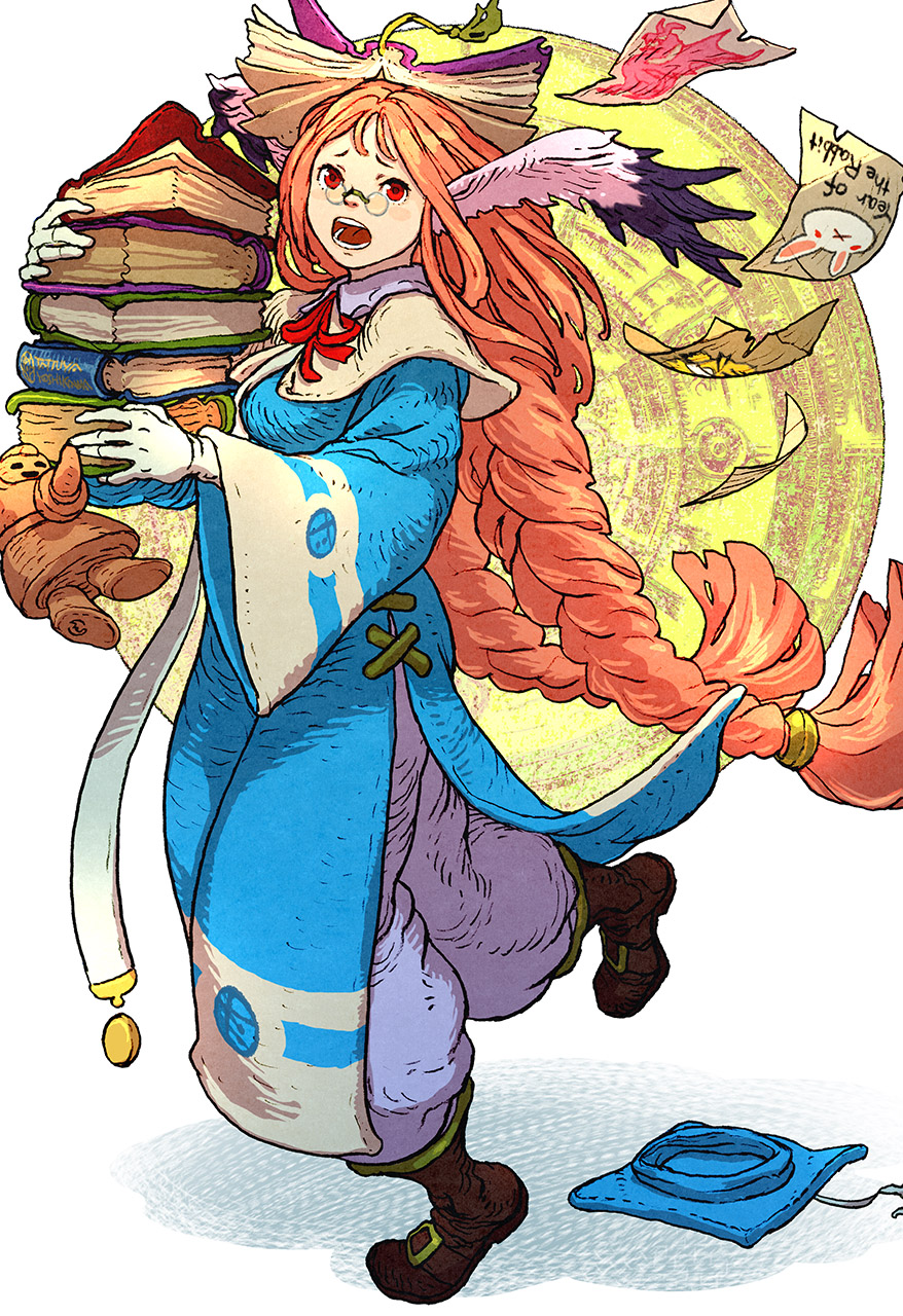 1girl 1other animal_ears belt_boots blue_robe blush_stickers book book_on_head book_stack book_strap boots braid breasts breath_of_fire breath_of_fire_iii chinese_zodiac circle dangling full_body gloves hair_rings hat highres holding holding_book honey_(breath_of_fire) long_hair looking_at_viewer medium_breasts momo_(breath_of_fire) mortarboard no_headwear object_on_head open_mouth pants paper red_eyes redhead robe side_slit teeth tongue tripping twin_braids walking white_background white_gloves worried year_of_the_rabbit yoshikawa_tatsuya