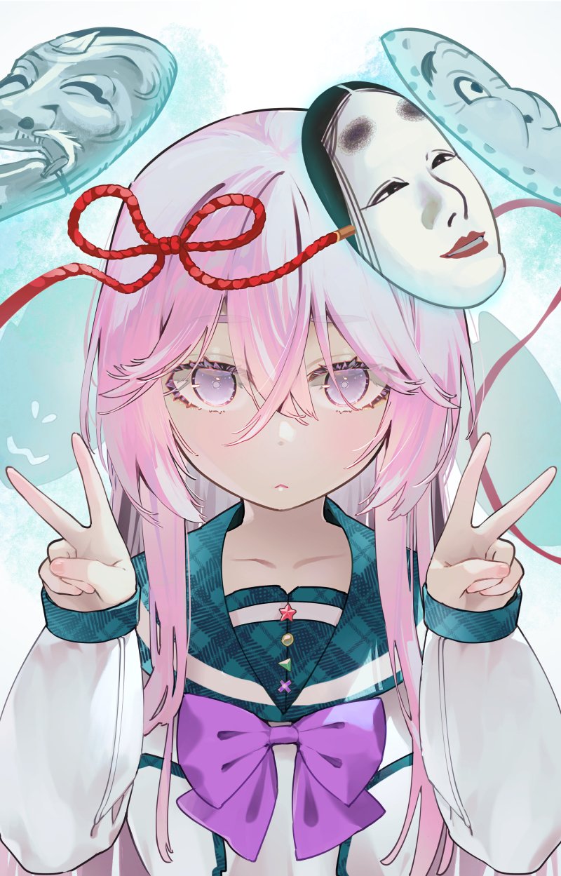 1girl aqua_sailor_collar blush closed_mouth collarbone double_v hata_no_kokoro highres long_hair long_sleeves looking_at_viewer mask pink_eyes pink_hair sailor_collar simple_background solo syuri22 touhou upper_body v white_background