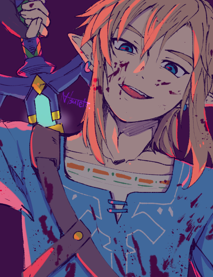 1boy arm_up artist_name blonde_hair blood blood_in_hair blood_on_clothes blood_on_face blue_eyes blue_shirt blue_tunic champion's_tunic_(zelda) collarbone commentary_request earrings hair_between_eyes holding holding_sword holding_weapon jewelry link looking_at_viewer low_ponytail male_focus master_sword medium_hair open_mouth pointy_ears ponytail purple_background shirt sidelocks signature simple_background smile solo sword teeth tetora_(ttr2011) the_legend_of_zelda the_legend_of_zelda:_breath_of_the_wild tongue tongue_out tunic upper_body upper_teeth_only weapon