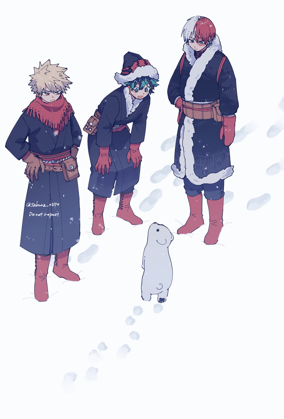 3boys 7th_popularity_poll_(boku_no_hero_academia) animal bakugou_katsuki bear black_coat black_headwear black_pants blonde_hair boku_no_hero_academia boots brown_gloves closed_mouth coat commentary_request cub footprints freckles fur-trimmed_headwear fur_trim gloves green_eyes green_hair hands_on_own_hips hat highres long_sleeves looking_at_animal male_focus midoriya_izuku mittens multicolored_hair multiple_boys official_alternate_costume open_mouth pants polar_bear red_eyes red_footwear red_mittens red_scarf redhead sakura_0270 scarf short_hair snow spiky_hair split-color_hair standing todoroki_shouto twitter_username white_hair winter_clothes