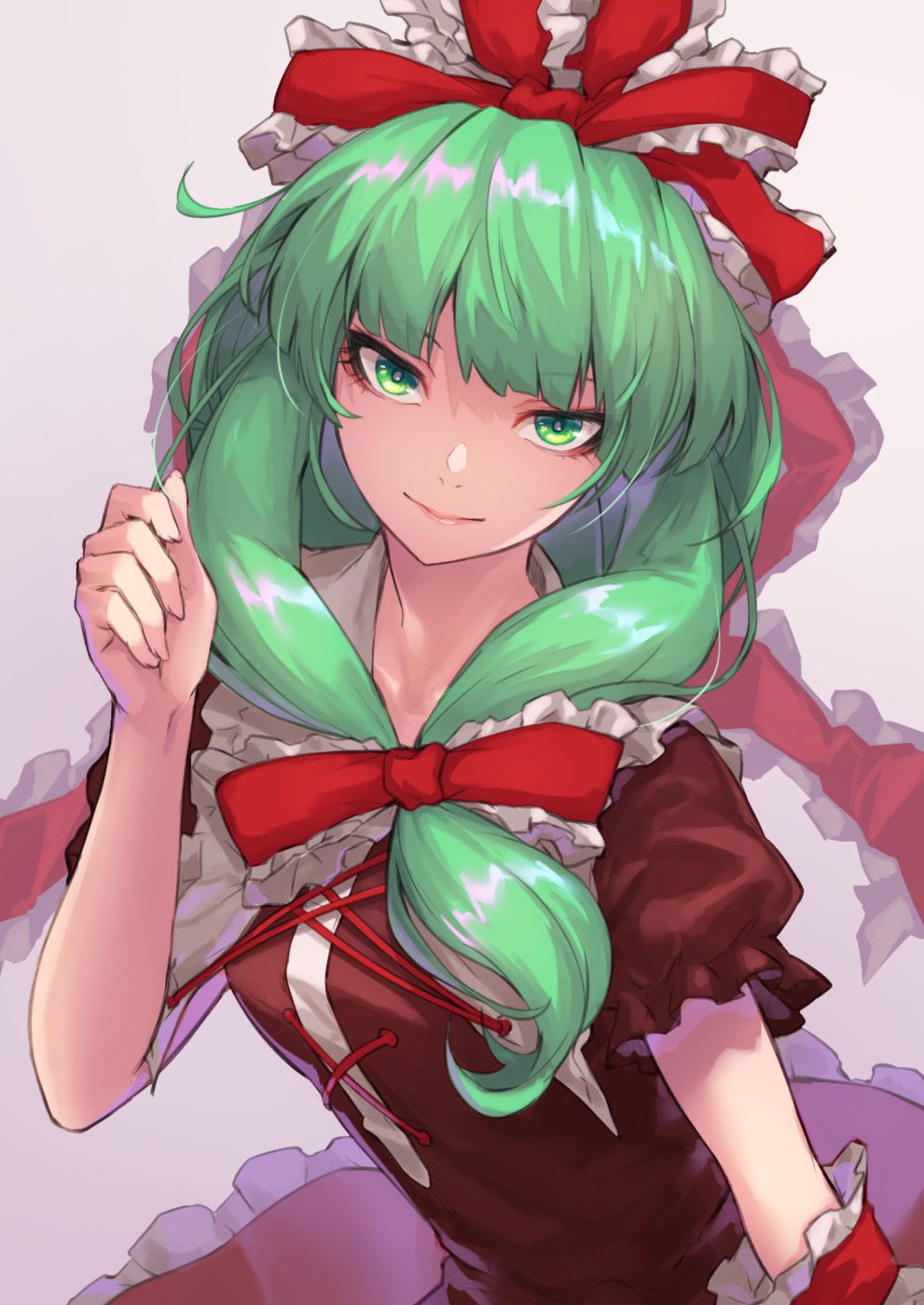 1girl bow commission frilled_bow frilled_ribbon frills front_ponytail green_eyes green_hair highres kagiyama_hina looking_at_viewer re_(re_09) ribbon skeb_commission solo touhou upper_body