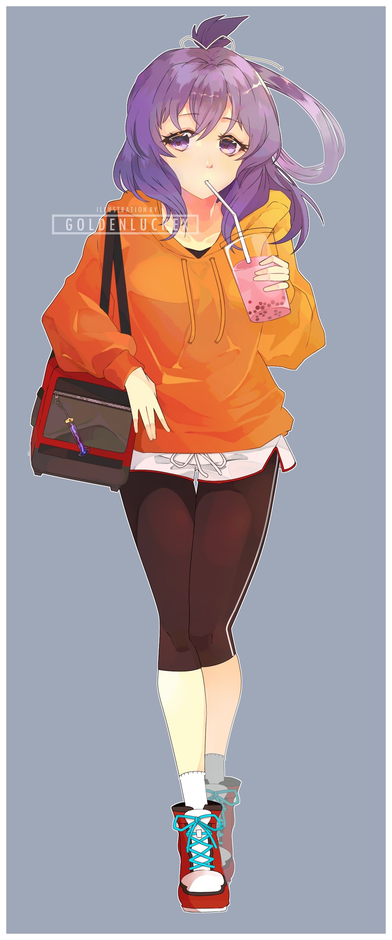 1girl absurdres ao_no_kiseki artist_name bag bow-shaped_hair bubble_tea commission cup disposable_cup double-parted_bangs drinking drinking_straw drinking_straw_in_mouth eiyuu_densetsu english_commentary full_body goldenluckex hair_between_eyes handbag highres hood hoodie jacket looking_at_viewer pants purple_hair rixia_mao shoes sneakers solo violet_eyes watermark yoga_pants zero_no_kiseki