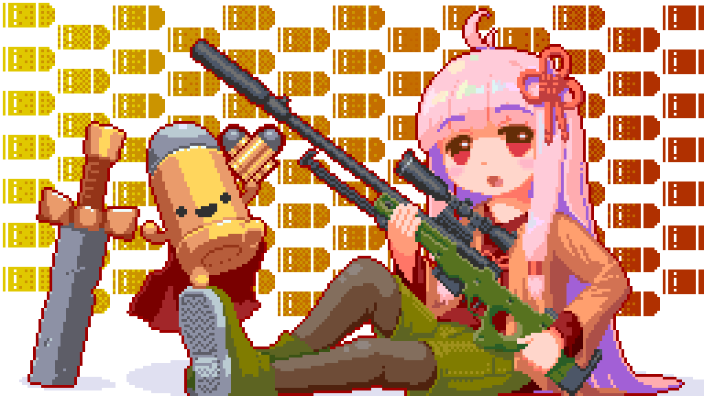 1girl 1other :d :o ai_arctic_warfare black_pantyhose blunt_bangs blush_stickers bolt_action bullet bullet_kin cademofu cape cardigan character_print commentary_request crossover enter_the_gungeon full_body green_footwear green_shorts gun hair_ribbon holding holding_bullet holding_gun holding_weapon jumping kotonoha_akane long_hair long_sleeves looking_at_viewer open_mouth orange_cardigan pantyhose pink_hair pixel_art planted planted_sword red_cape red_eyes red_ribbon red_shirt ribbon rifle scope shirt shoe_soles shorts sidelocks sitting smile sniper_rifle sword the_bullet_(enter_the_gungeon) very_long_hair voiceroid weapon white_background