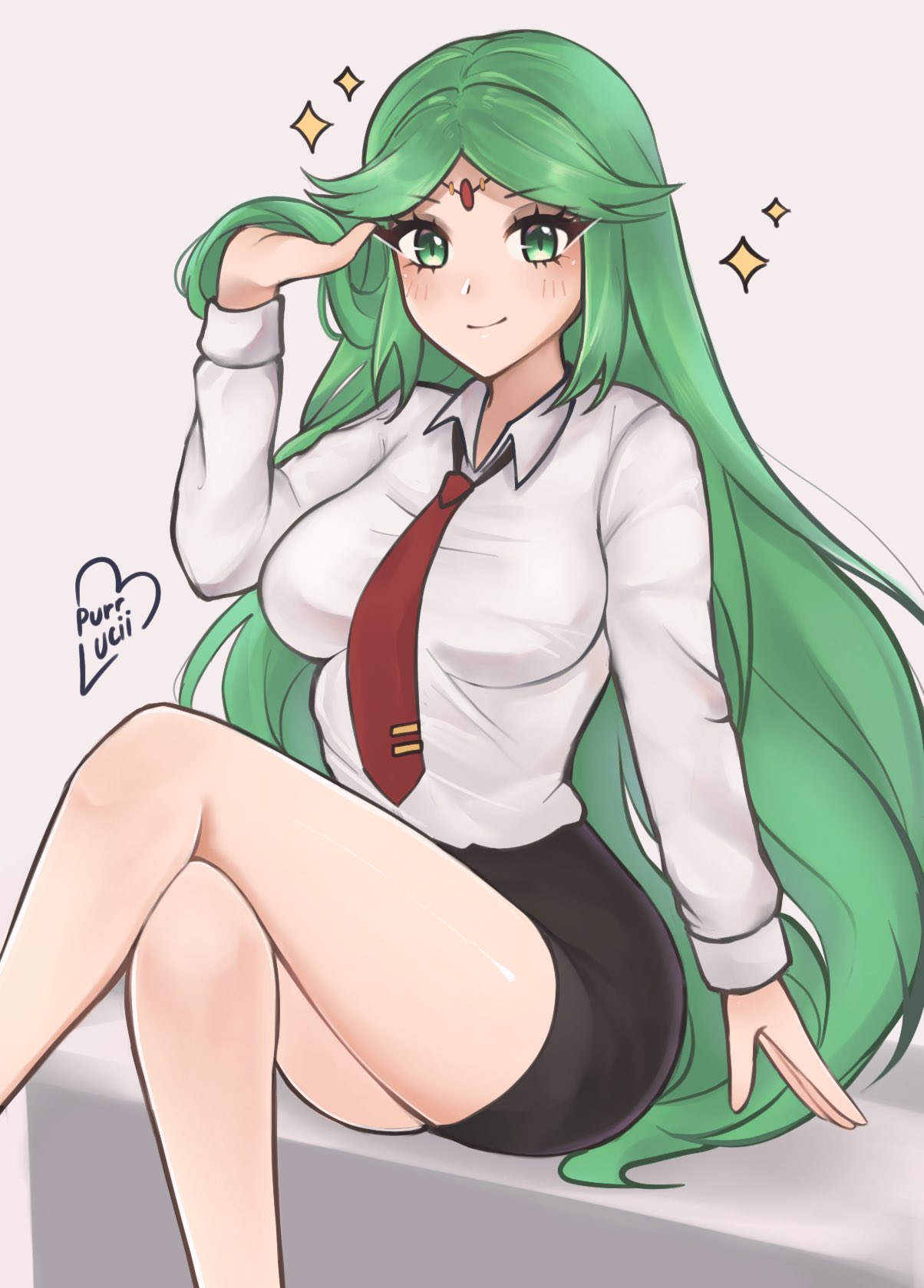 1girl alternate_costume artist_name breasts circlet crossed_legs english_commentary green_eyes green_hair hair_flip highres kid_icarus long_hair looking_at_viewer medium_breasts office palutena pencil purrlucii red_tie sitting solo very_long_hair