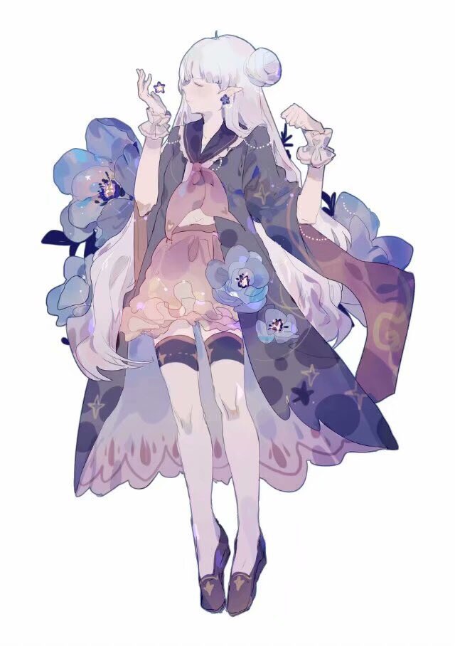 1girl ahoge anemone_(flower) black_footwear black_sailor_collar blunt_bangs clenched_hands closed_eyes collared_shirt commentary earrings flower flower_earrings frilled_skirt frills full_body hair_bun hands_up holding holding_flower jewelry lace-trimmed_sailor_collar lobelia_(saclia) long_hair long_sleeves miniskirt neckerchief original pink_neckerchief pink_skirt pointy_ears purple_flower purple_hair purple_robe purple_sleeves red_sleeves robe sailor_collar shirt shoes simple_background single_side_bun skirt sleeves_past_elbows solo thigh-highs two-sided_robe two-sided_sleeves very_long_hair white_background white_robe white_shirt white_thighhighs white_wrist_cuffs wide_sleeves zettai_ryouiki