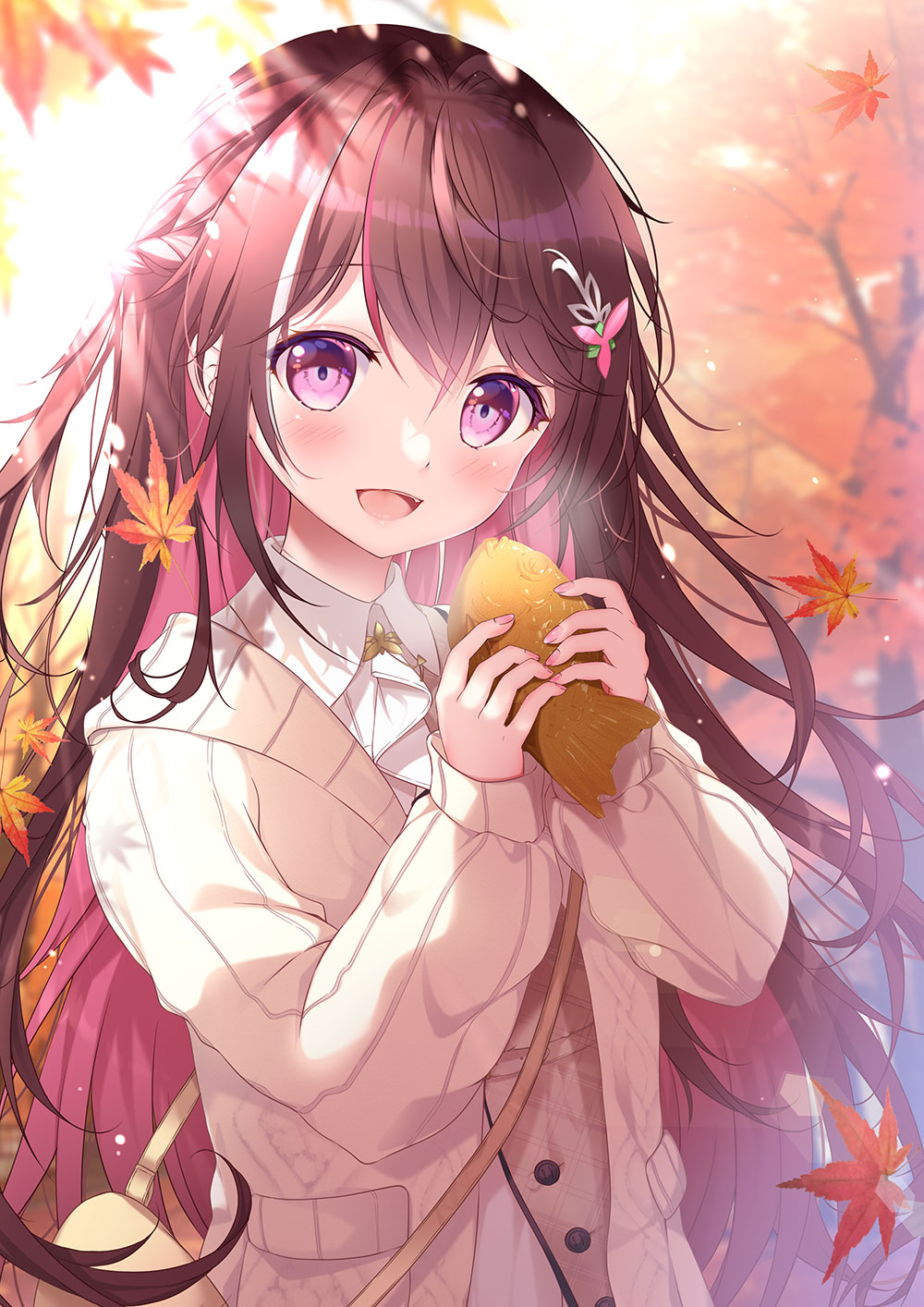 1girl :d autumn_leaves azki_(hololive) bag blurry blurry_background blush brown_hair cardigan collared_shirt commentary_request depth_of_field food hair_between_eyes hands_up highres holding holding_food hololive leaf long_hair long_sleeves looking_at_viewer maple_leaf mikeou multicolored_hair nail_polish open_cardigan open_clothes pink_hair pink_nails puffy_long_sleeves puffy_sleeves shirt short_eyebrows shoulder_bag sleeves_past_wrists smile solo taiyaki thick_eyebrows two-tone_hair very_long_hair violet_eyes virtual_youtuber wagashi white_cardigan white_shirt