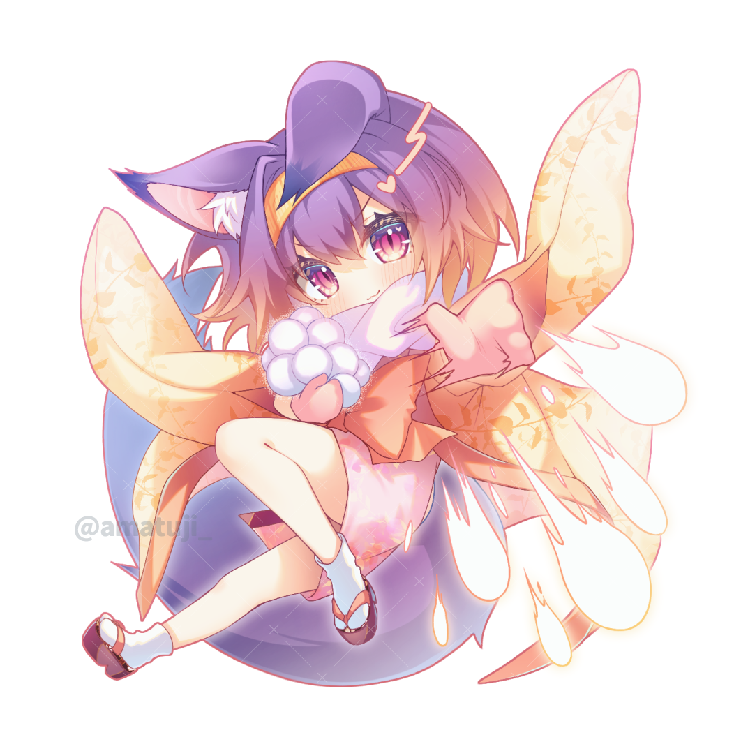 &gt;:) 1girl amatsuji animal_ear_fluff animal_ears blush bow chibi closed_mouth comiket_103 commentary_request eyelashes eyes_visible_through_hair floating_clothes floral_print fox_ears fox_girl fox_tail gradient_hair hair_between_eyes hair_intakes hatsuse_izuna heart heart_in_eye holding_snowball japanese_clothes kimono knee_up looking_at_viewer medium_hair motion_lines multicolored_hair no_game_no_life orange_bow orange_hair purple_hair sandals scarf short_kimono simple_background slit_pupils smile snowball socks solo symbol_in_eye tabi tail twitter_username v-shaped_eyebrows violet_eyes white_background white_scarf white_socks yellow_kimono