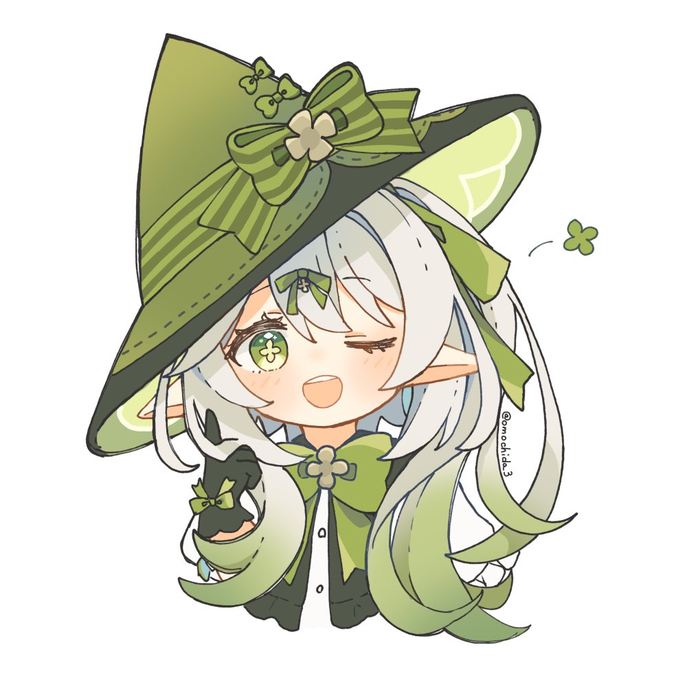 1girl ;d artist_name blending blush bow bowtie brooch commentary_request cropped_shoulders cross-shaped_pupils eyelashes frilled_sleeves frills genshin_impact gloves gradient_hair green_bow green_bowtie green_eyes green_gloves green_hair green_headwear green_ribbon hair_between_eyes hair_ribbon hand_up hat hat_bow index_finger_raised jewelry long_hair looking_at_viewer mochida multicolored_hair nahida_(genshin_impact) one_eye_closed open_mouth pointy_ears puffy_short_sleeves puffy_sleeves ribbon shirt short_sleeves side_ponytail sidelocks smile solo symbol-shaped_pupils teeth tilted_headwear twitter_username upper_body upper_teeth_only white_hair white_shirt witch_hat