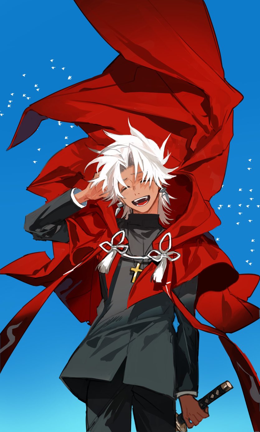 1boy amakusa_shirou_(fate) arm_behind_head arm_up bird black_jacket blue_background cape closed_eyes commentary_request cross cross_necklace dark-skinned_male dark_skin earrings fate/apocrypha fate_(series) feet_out_of_frame gradient_background highres holding holding_sword holding_weapon jacket jewelry katana kyouichi long_sleeves necklace parted_bangs priest red_cape reverse_grip short_hair smile solo sword tassel weapon white_hair