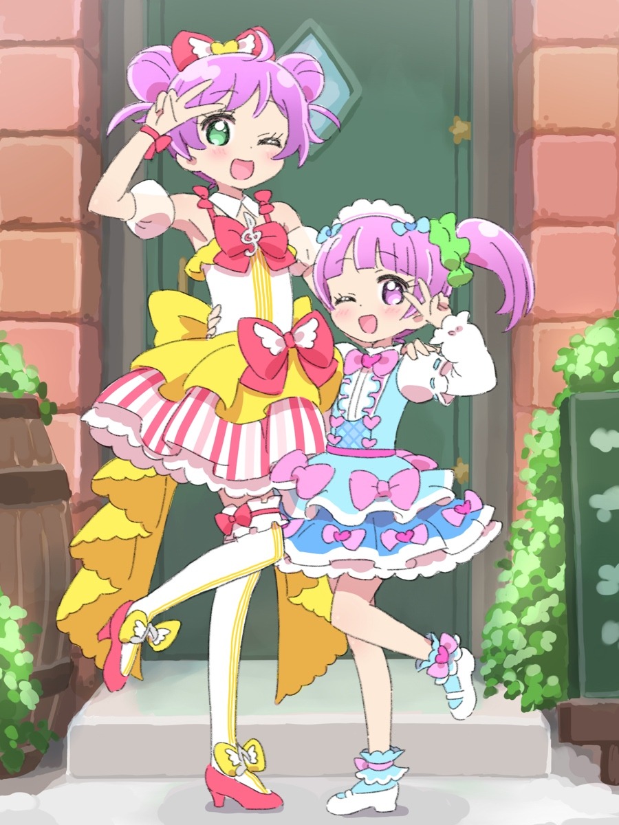2girls ;d ahoge barrel blue_dress blunt_bangs bow brick_wall center_frills detached_collar detached_sleeves door double_bun dress frilled_dress frilled_socks frilled_thighhighs frills full_body green_eyes green_scrunchie hair_bow hair_bun hair_ornament hair_scrunchie hand_on_another's_shoulder hand_up high_heels highres idol_clothes ikzw long_sleeves looking_at_viewer manaka_laala manaka_laala_(young) manaka_non multicolored_clothes multicolored_dress multiple_girls one_eye_closed open_mouth outdoors pink_bow pink_footwear pretty_series pripara puffy_detached_sleeves puffy_sleeves purple_hair scrunchie shoes short_dress short_hair siblings side_ponytail sisters sleeveless sleeveless_dress smile socks standing standing_on_one_leg thigh-highs treble_clef v_over_eye violet_eyes waist_bow white_footwear white_sleeves white_thighhighs