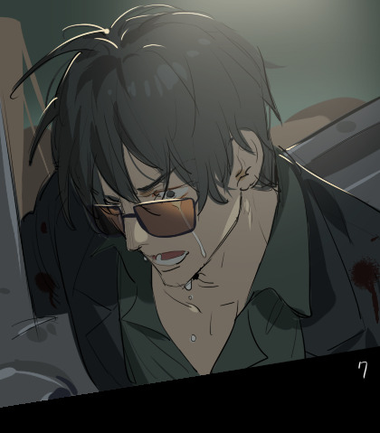 1boy black_hair black_jacket close-up commentary crying crying_with_eyes_open green_shirt holding jacket looking_to_the_side lowres male_focus nicholas_d._wolfwood raine_(acke2445) shirt solo sunglasses symbol-only_commentary tears trigun upper_body