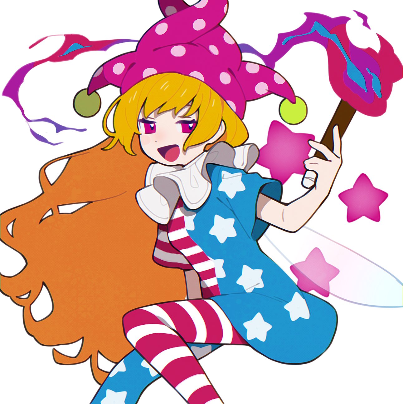 1girl :d american_flag_dress american_flag_legwear blonde_hair blue_dress blue_pantyhose clownpiece dress fairy_wings feet_out_of_frame hand_up hat highres holding holding_torch jester_cap long_hair looking_at_viewer multicolored_clothes multicolored_dress multicolored_pantyhose neck_ruff open_mouth pantyhose pekaso1118n pink_headwear polka_dot polka_dot_headwear purple_dress purple_pantyhose short_sleeves simple_background smile solo star_(symbol) star_print striped striped_dress striped_pantyhose torch touhou very_long_hair violet_eyes white_background white_dress wings