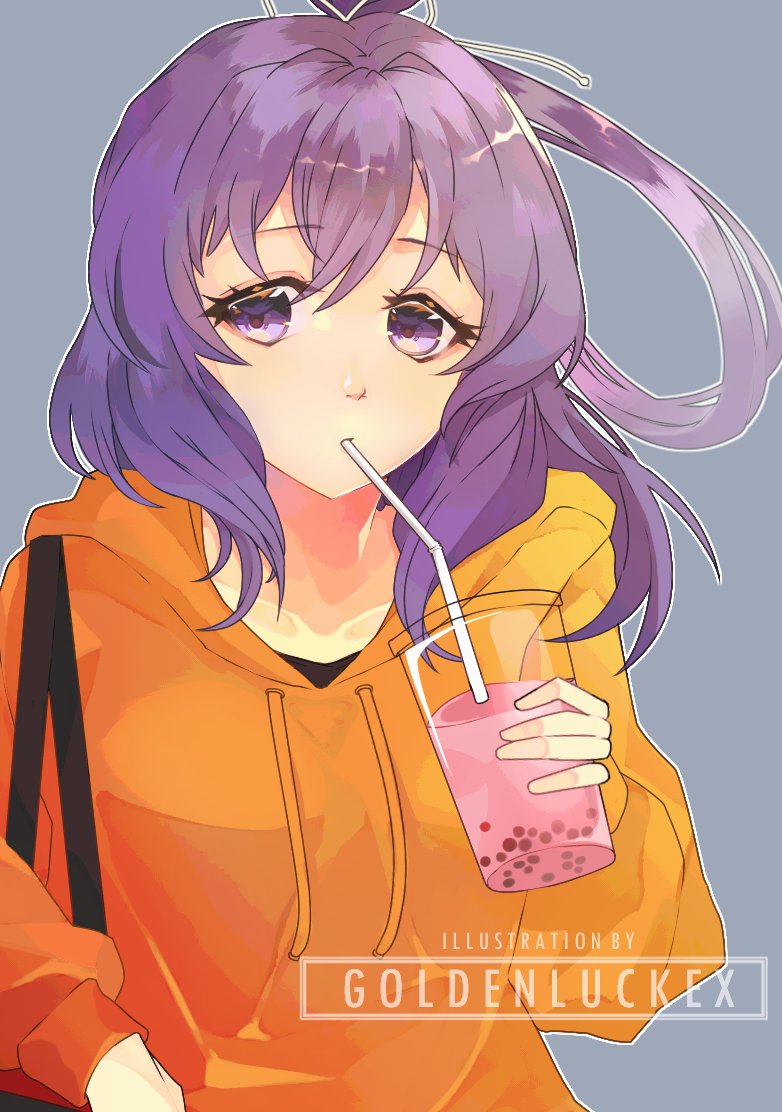 1girl ao_no_kiseki artist_name bow-shaped_hair bubble_tea commission cup disposable_cup double-parted_bangs drinking drinking_straw drinking_straw_in_mouth eiyuu_densetsu english_commentary goldenluckex hair_between_eyes hood hoodie jacket looking_at_viewer portrait purple_hair rixia_mao solo upper_body violet_eyes watermark zero_no_kiseki