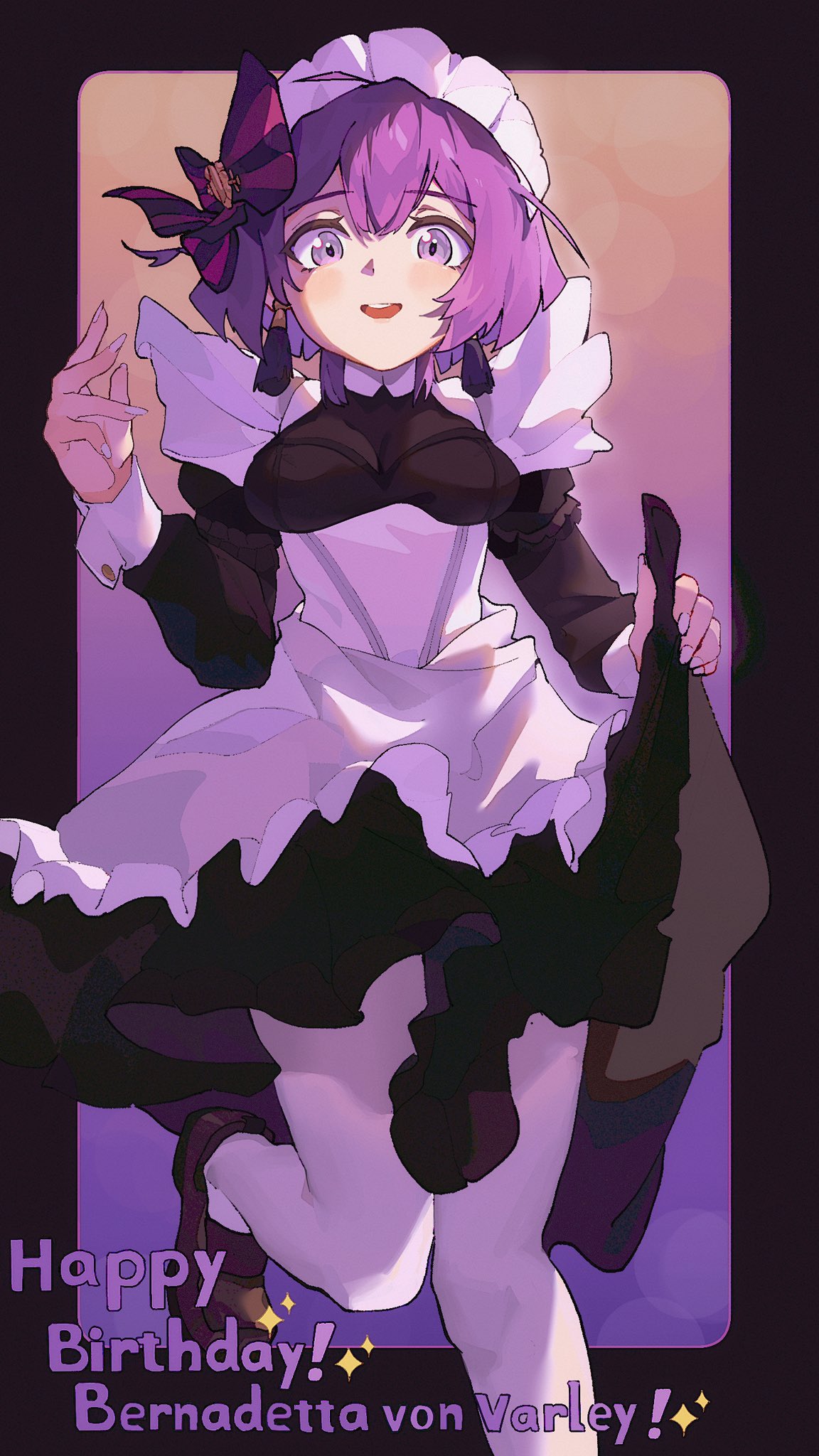 1girl alternate_costume apron bernadetta_von_varley blush breasts fire_emblem fire_emblem:_three_houses frilled_apron frills gbbgb321 grey_eyes hair_between_eyes hair_ornament happy_birthday highres long_sleeves looking_at_viewer maid maid_apron maid_headdress open_mouth puffy_long_sleeves puffy_sleeves purple_hair short_hair solo waist_apron white_apron