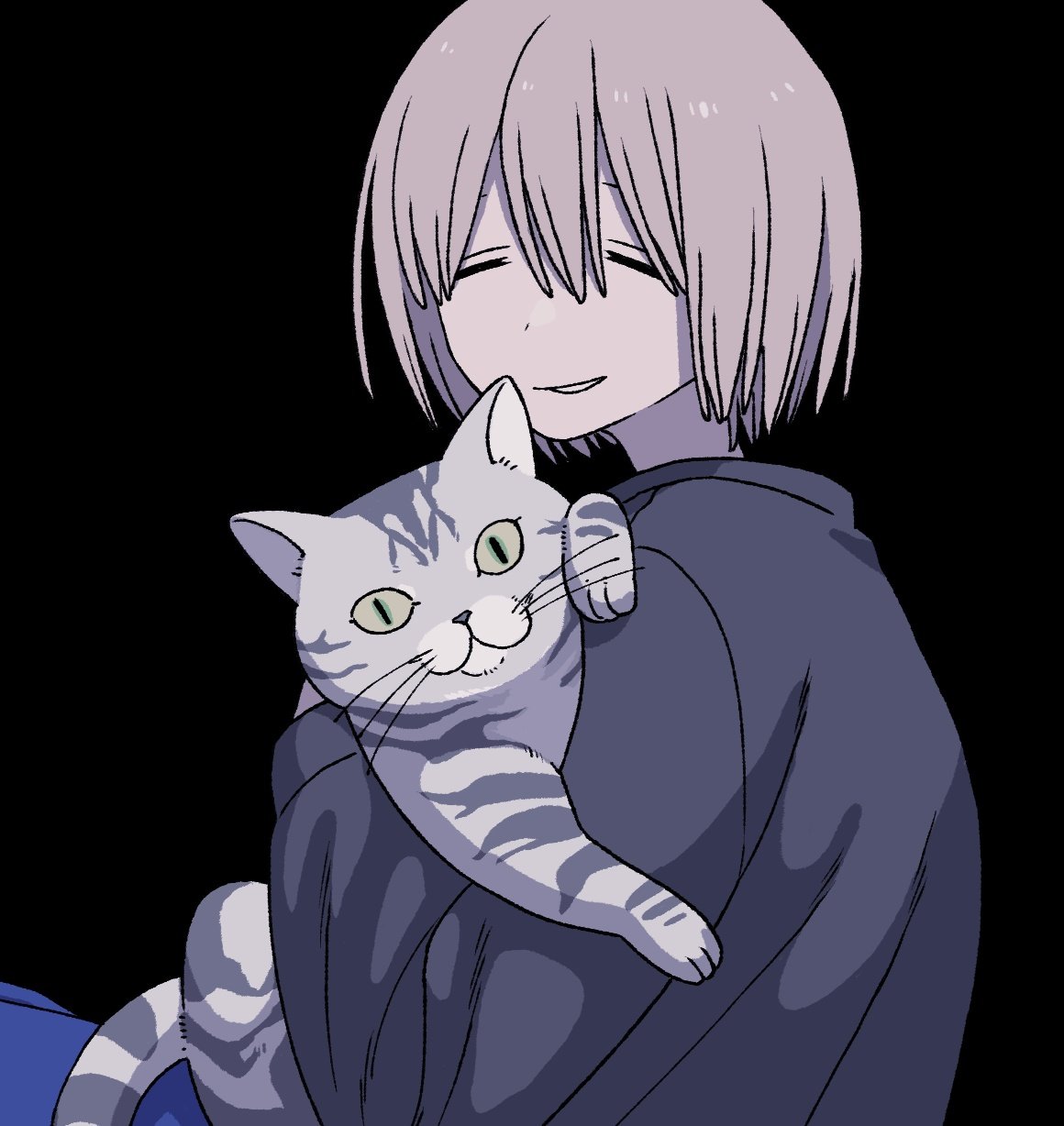 1other androgynous animal black_background blonde_hair cat closed_eyes commentary_request grey_cat highres holding holding_animal long_sleeves original panda23577667 parted_lips short_hair simple_background smile solo upper_body