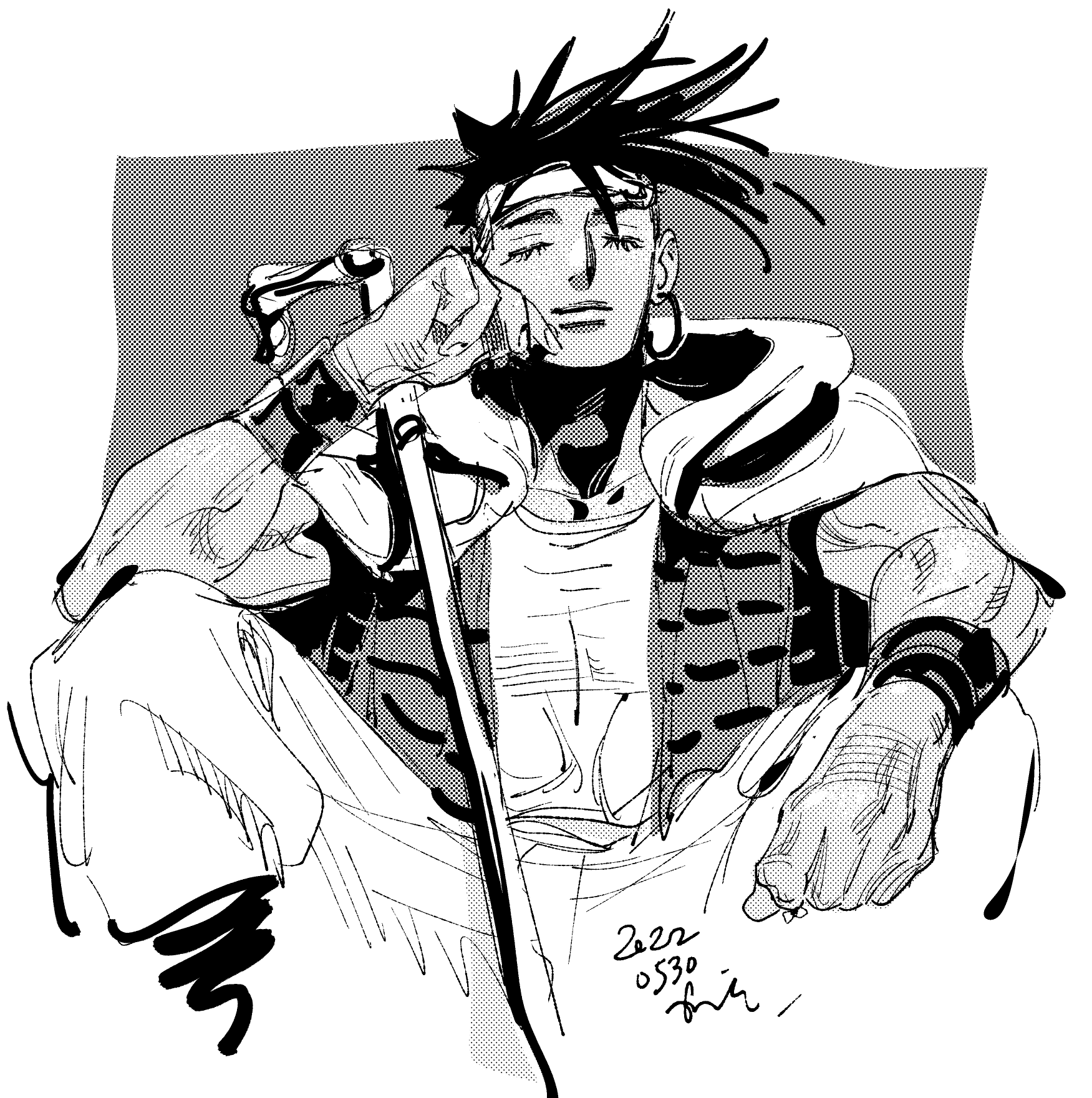 1boy cape closed_eyes commentary_request dated earrings greyscale hand_on_own_cheek hand_on_own_face highres jewelry jojo_no_kimyou_na_bouken kotteri male_focus monochrome n'doul shirt short_hair simple_background sitting solo t-shirt vest wristband