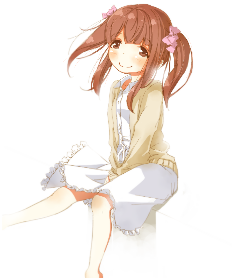 1girl between_legs blush bow brown_eyes brown_hair brown_jacket closed_mouth collared_shirt commentary_request dress_shirt feet_out_of_frame frilled_skirt frills hair_bow hand_between_legs idolmaster idolmaster_cinderella_girls jacket ogata_chieri open_clothes open_jacket pink_bow shirt simple_background skirt smile solo twintails white_background white_shirt white_skirt yukie_(kusaka_shi)