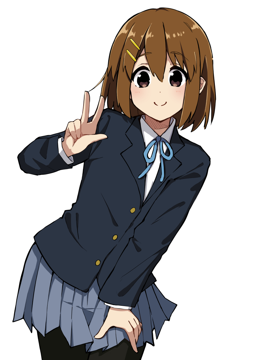 1girl black_jacket black_pantyhose blush brown_eyes brown_hair buttons closed_mouth collared_shirt commentary_request cowboy_shot grey_skirt hair_between_eyes hair_ornament hairclip hand_on_own_thigh hand_up hirasawa_yui jacket k-on! leaning leaning_to_the_side long_sleeves looking_at_viewer neck_ribbon nyagonya21 pantyhose pleated_skirt ribbon school_uniform shirt skirt smile solo split_mouth w white_background white_shirt