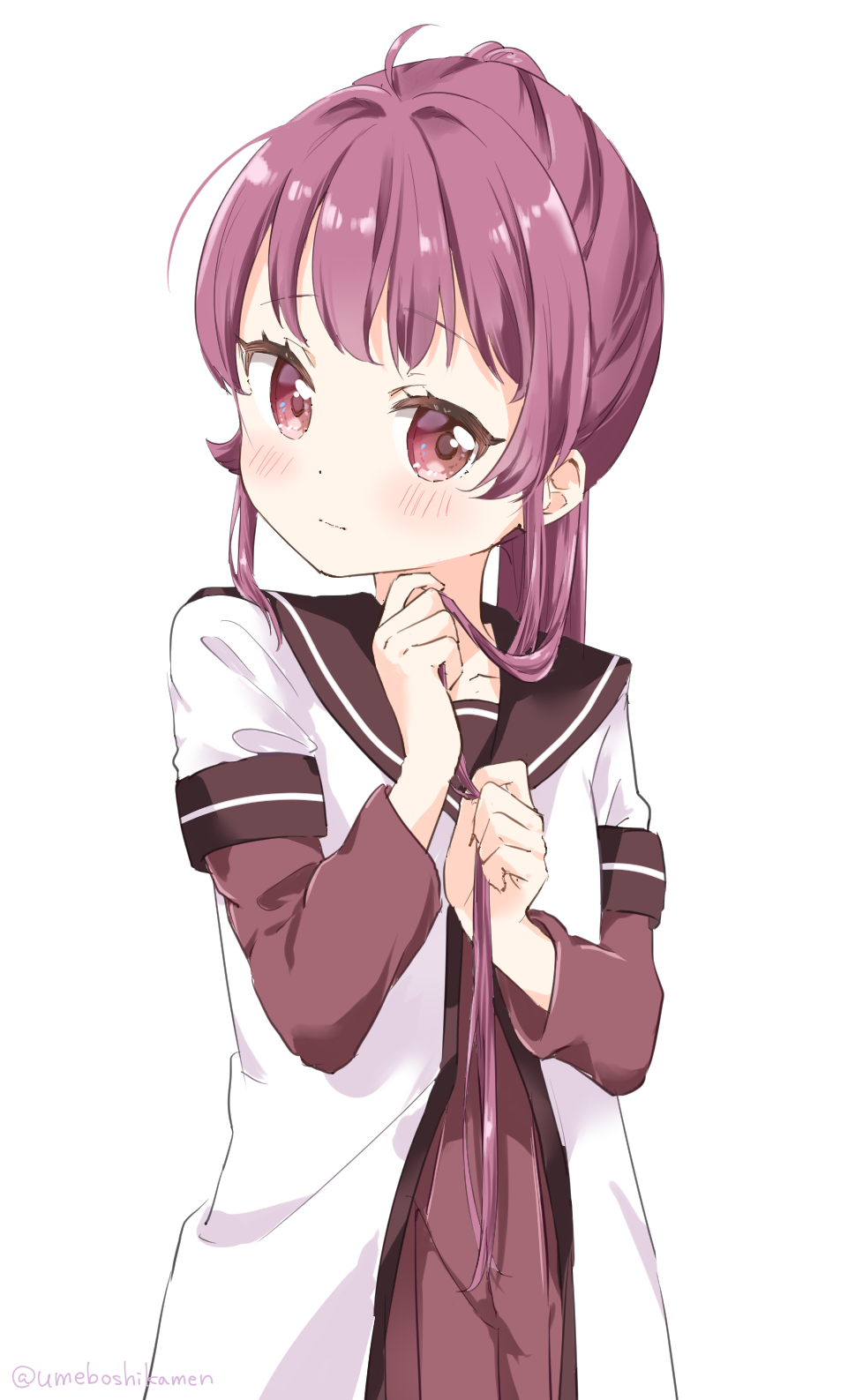 1girl ahoge blush brown_sailor_collar closed_mouth commentary dress hands_up highres holding holding_hair looking_to_the_side mearian nanamori_school_uniform purple_hair red_dress sailor_collar school_uniform shirt shy simple_background solo sugiura_ayano twitter_username violet_eyes white_background white_shirt yuru_yuri
