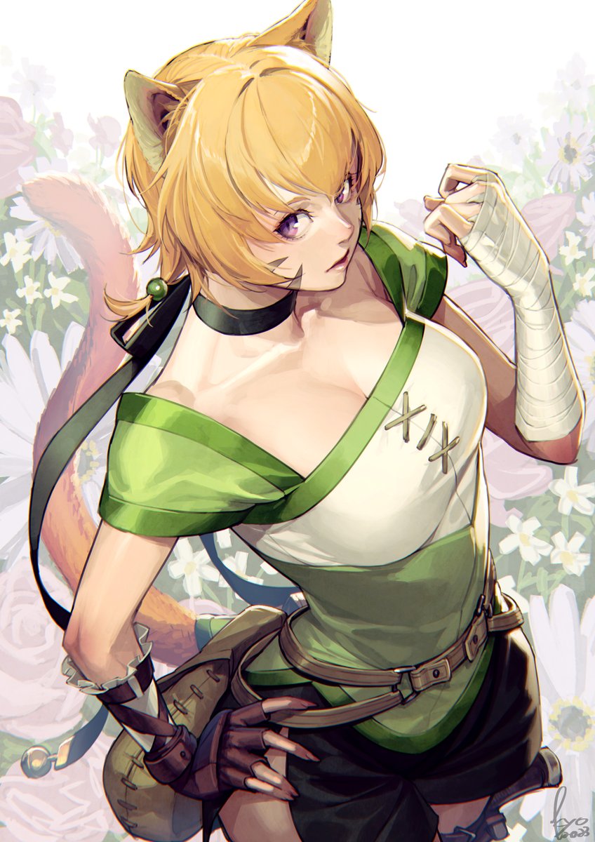 1girl animal_ears bag bandages cat_ears cat_girl cat_tail collar facepaint fingerless_gloves fire_emblem fire_emblem:_path_of_radiance fire_emblem:_radiant_dawn gloves hand_on_own_hip highres kyo_(kuroichigo) lethe_(fire_emblem) looking_at_viewer orange_hair pale_skin solo tail violet_eyes