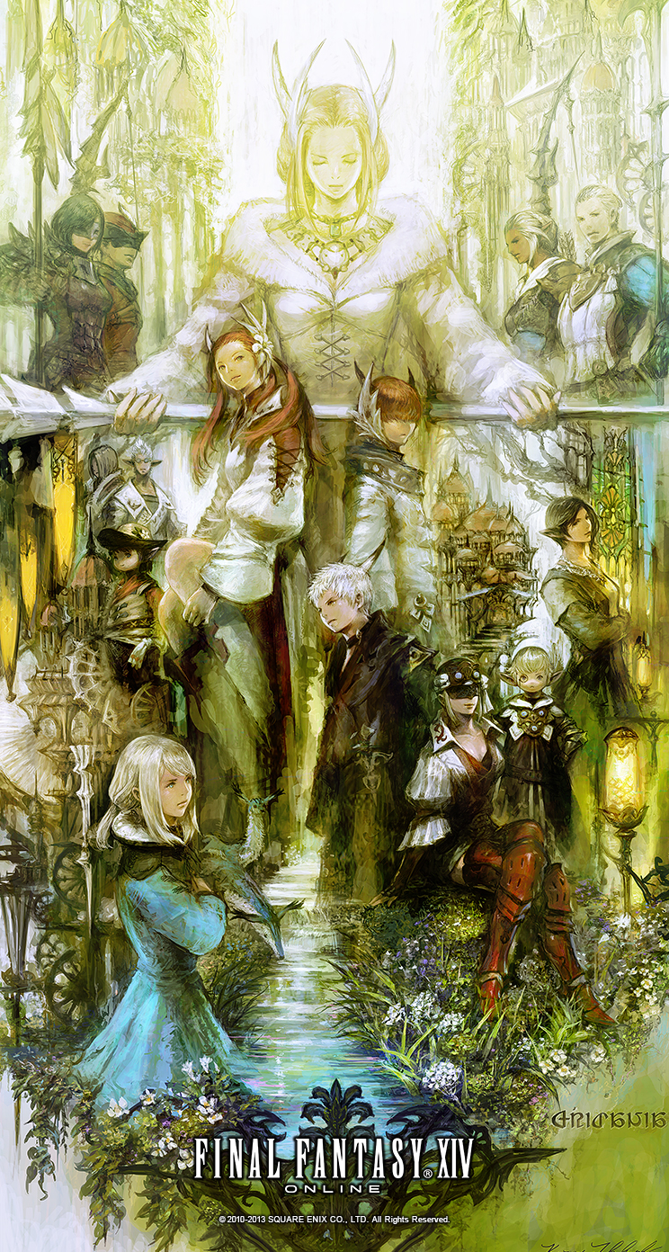 6+boys 6+girls a-ruhn-senna arm_support black_coat black_hair blindfold blonde_hair blue_dress brown_eyes building character_request closed_eyes coat copyright_name copyright_notice covered_eyes crossed_legs dress e-sumi-yan elezen elf everyone facing_viewer final_fantasy final_fantasy_xiv flower fur-trimmed_robe fur_trim grass green_eyes gridania hair_over_eyes highres holding holding_staff horns hyur jacket jewelry kan-e-senna lalafell lamp long_sleeves lyse_hext mother_miounne multiple_boys multiple_girls necklace official_art outdoors padjal papalymo_totolymo pointy_ears puffy_long_sleeves puffy_sleeves raya-o-senna robe short_hair sitting staff standing stream sylphie_webb takahashi_kazuya third-party_source twintails water white_hair white_jacket white_robe